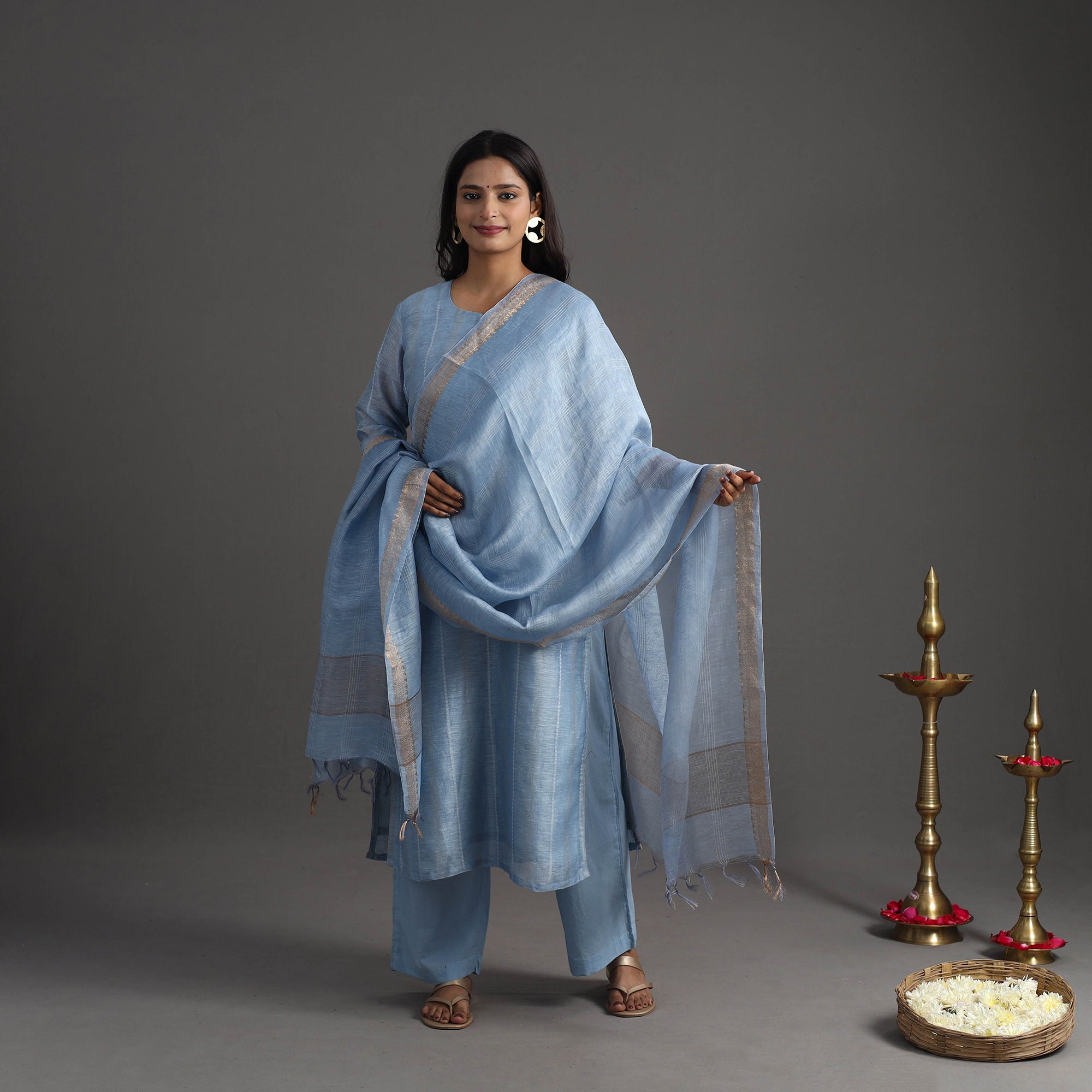 ITOKRI CASUALS Blue - Elegant Linen Silk Handloom Plain Kurta Set 06 - view 2