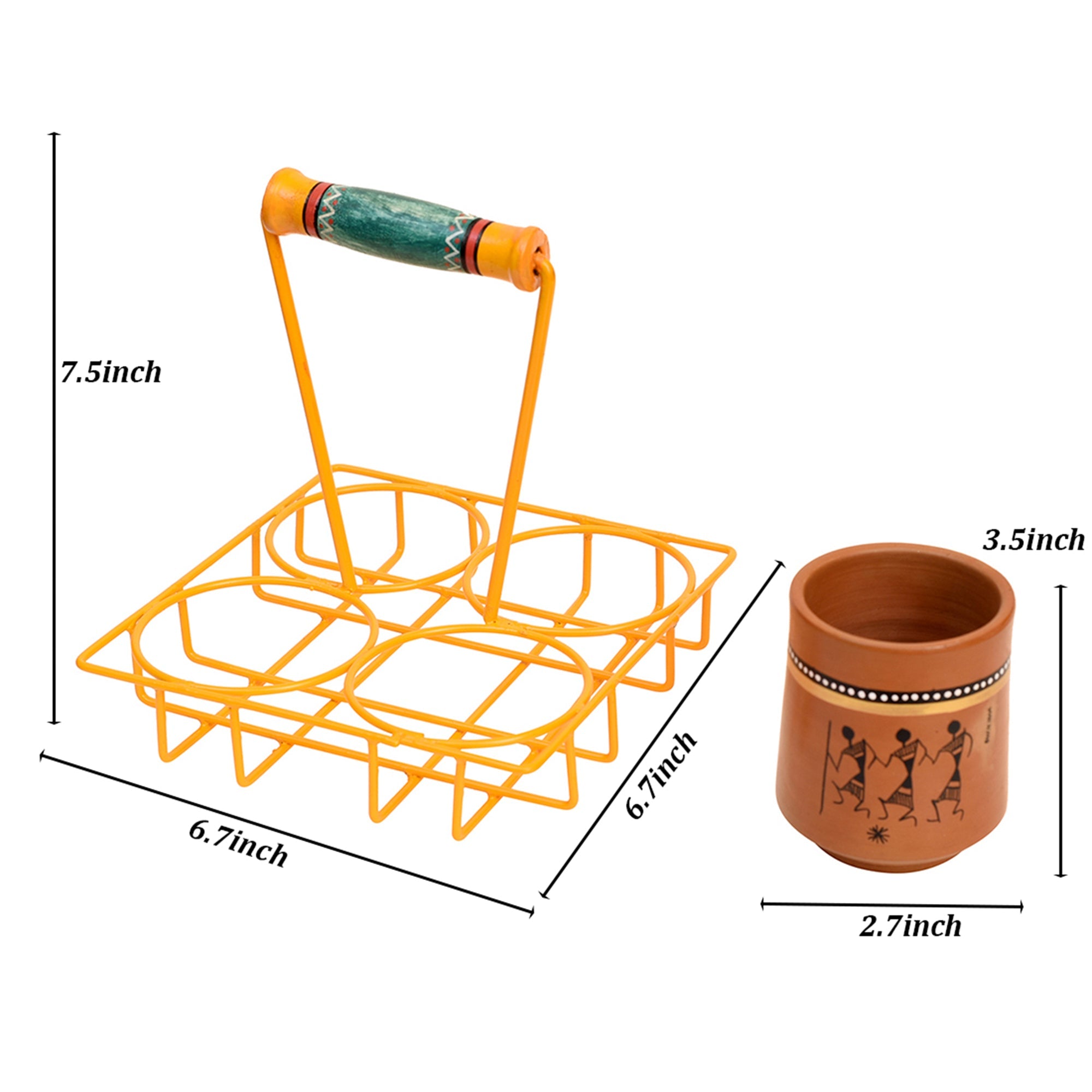 ART CREATIONS BY SUMAN SONTHALIA Brown - Ram Piyari Kullad Set (SO4) in Yellow Handpainted Metal Stand (6.7x6.7x7.5) - view 5