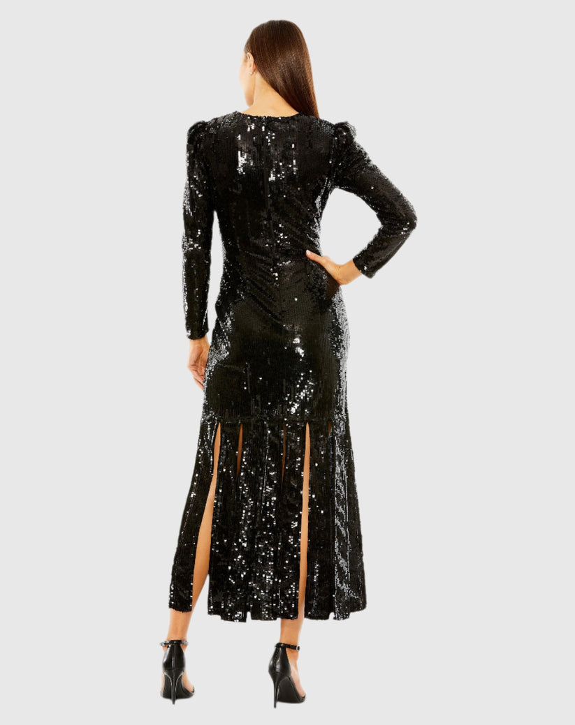 Mac Duggal 24008 Long Sleeve Formal Sequin Tea Length Dress - view 2