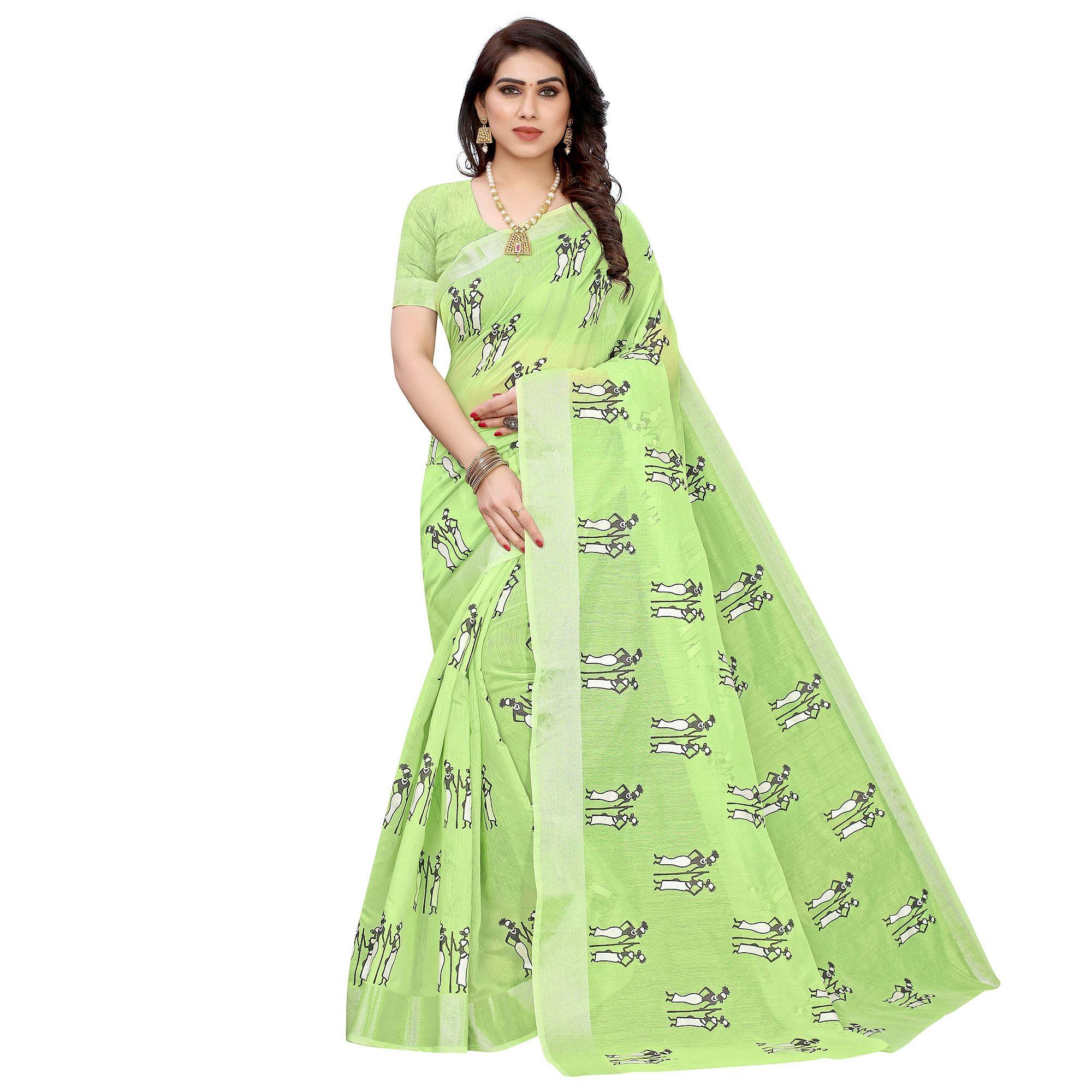 Peachmode Intricate Green Colored Casual Wear Printed Chanderi Silk Saree