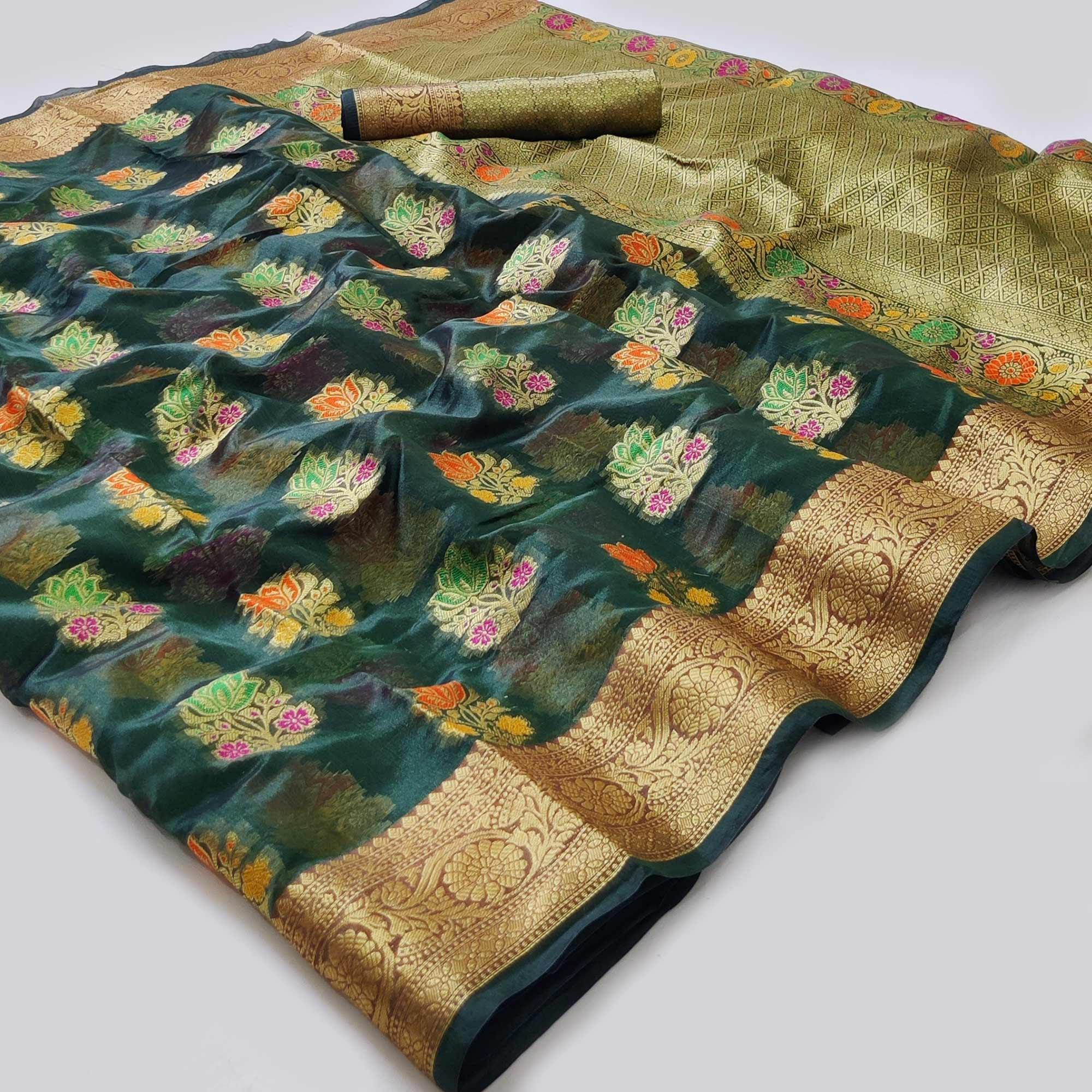 Peachmode Bottle Green Woven Organza Saree – Women's
