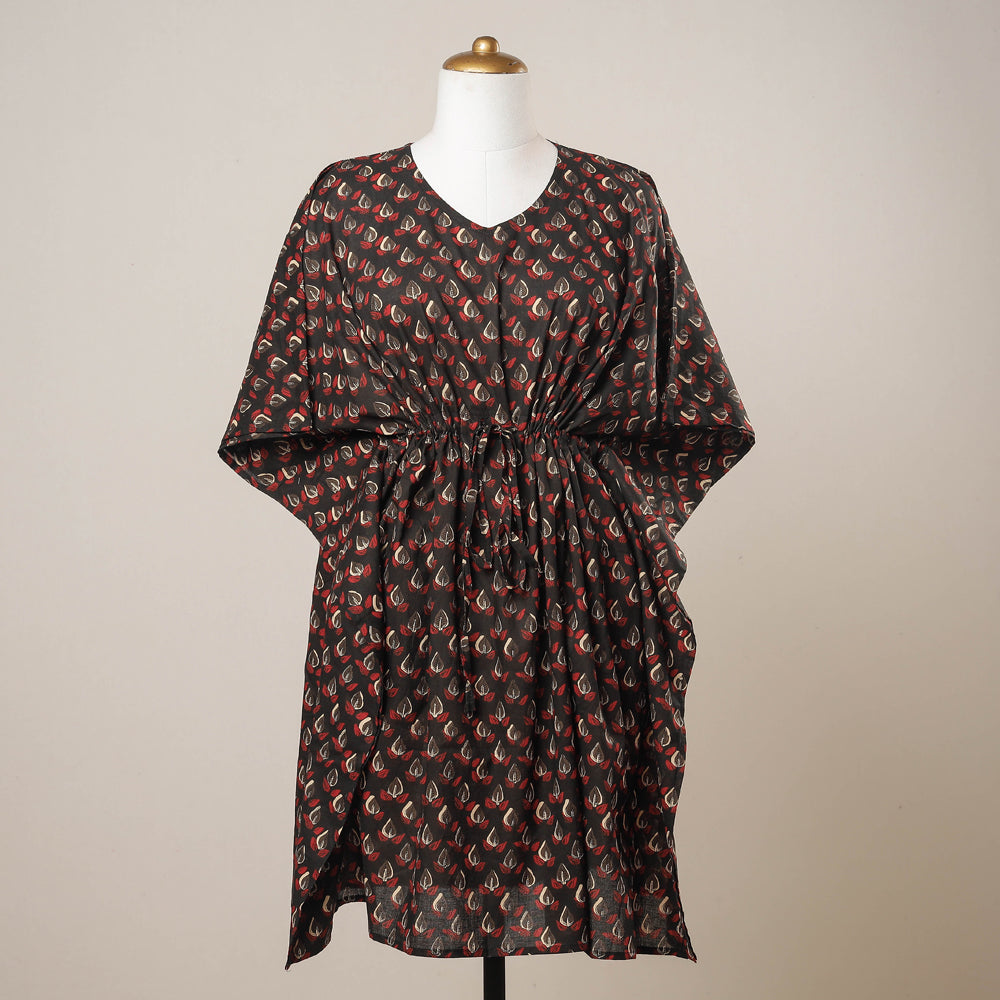 CHUTNEY CRAFT STUDIO Black - Sanganeri Printed Cotton Kaftan with Tie-Up Waist (Medium)