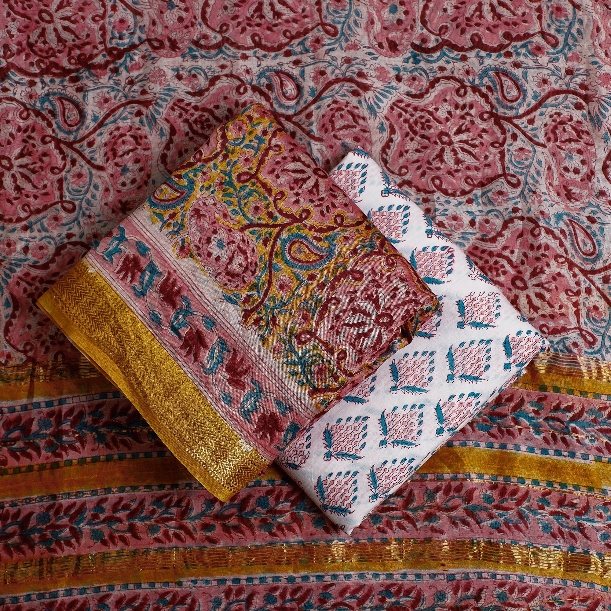 ARTISAN HAND BLOCK PRINTS 3pc Sanganeri Block Printed Maheshwari Silk Suit Material Set - view 2