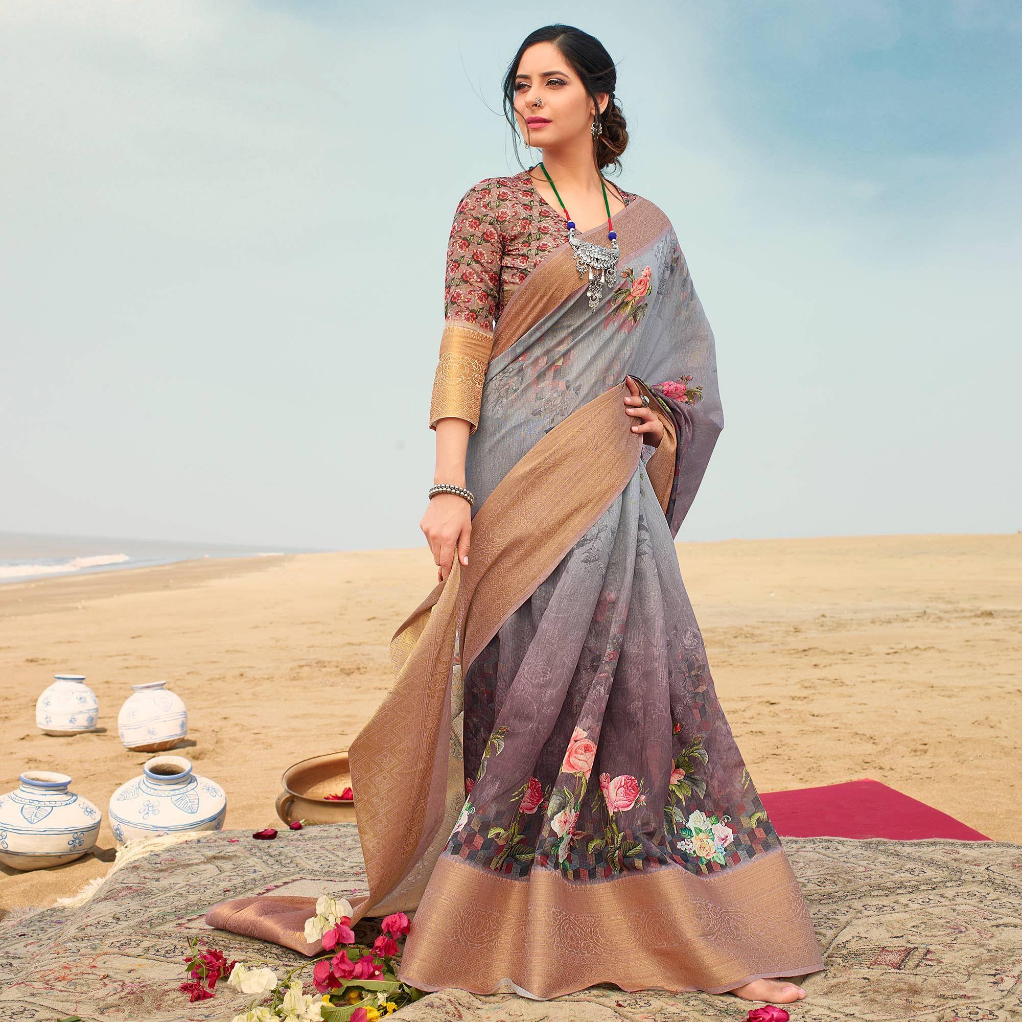 Peachmode Magnetic Grey Colored Festive Wear Digital Floral Printed Linen Saree