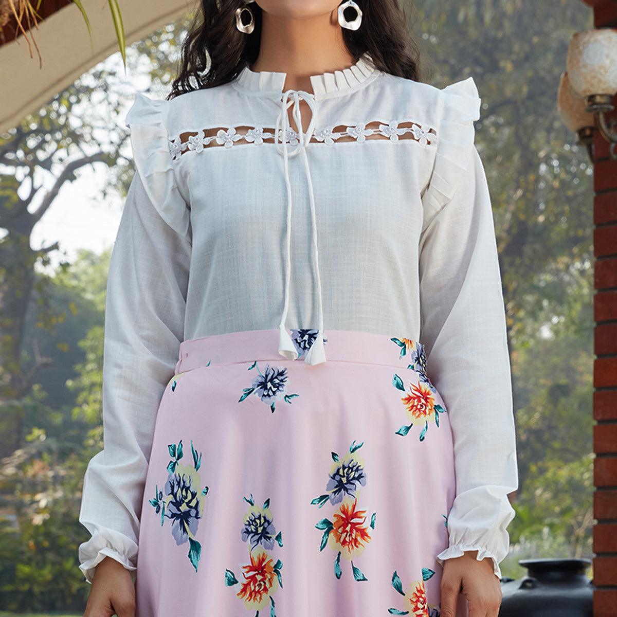 Peachmode Seller Dazzling White - Pink Colored Casual Wear Printed Western Crop Top - Skirt Set - view 2