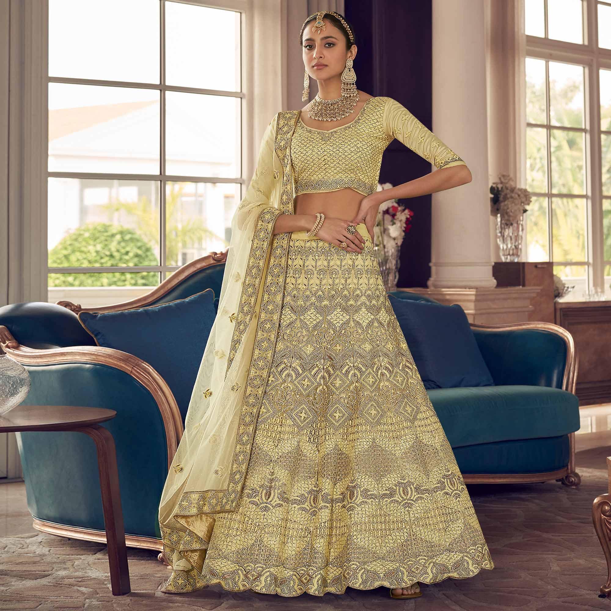 Peachmode Lemon Yellow Partywear Embroidered Organza Lehenga Choli - view 3