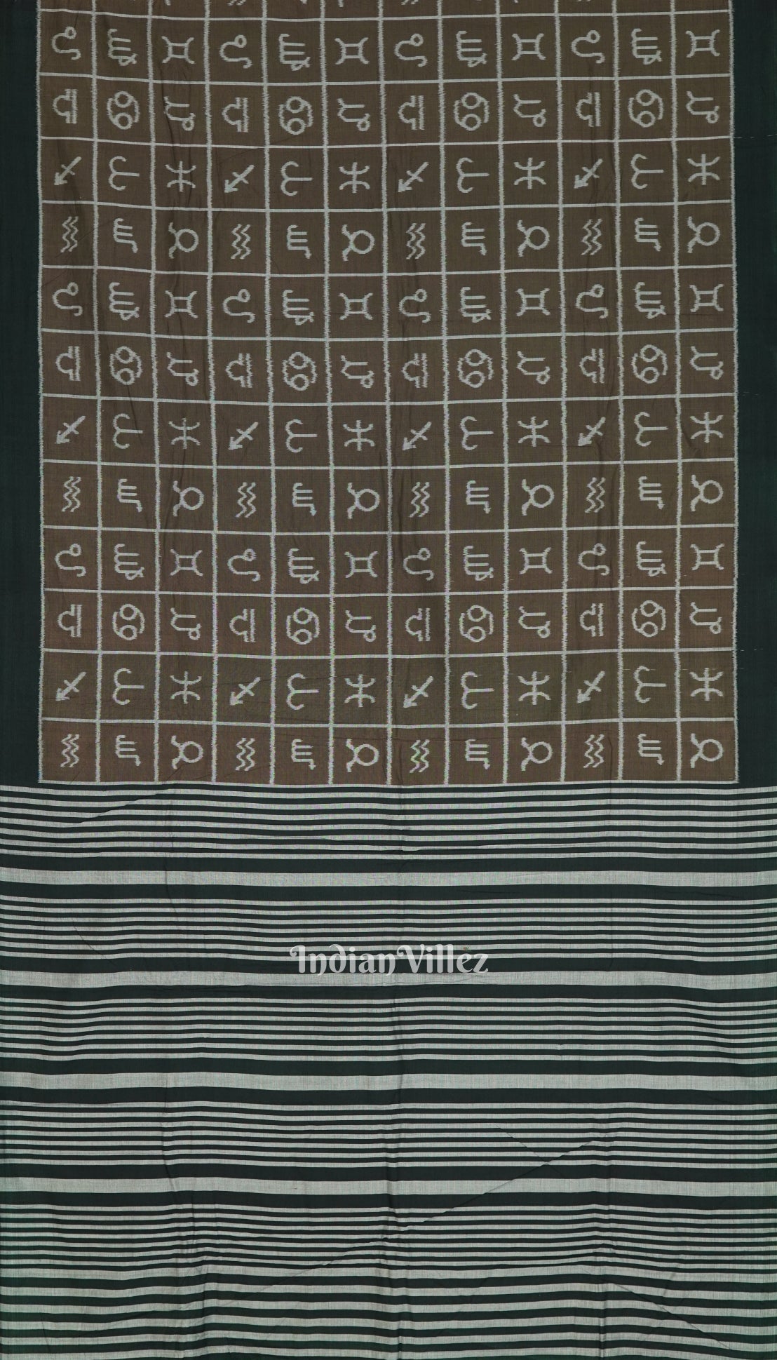 IndianVillèz Brownish Green Zodiac Symbol Odisha Ikat Sambalpuri Pure Cotton Saree