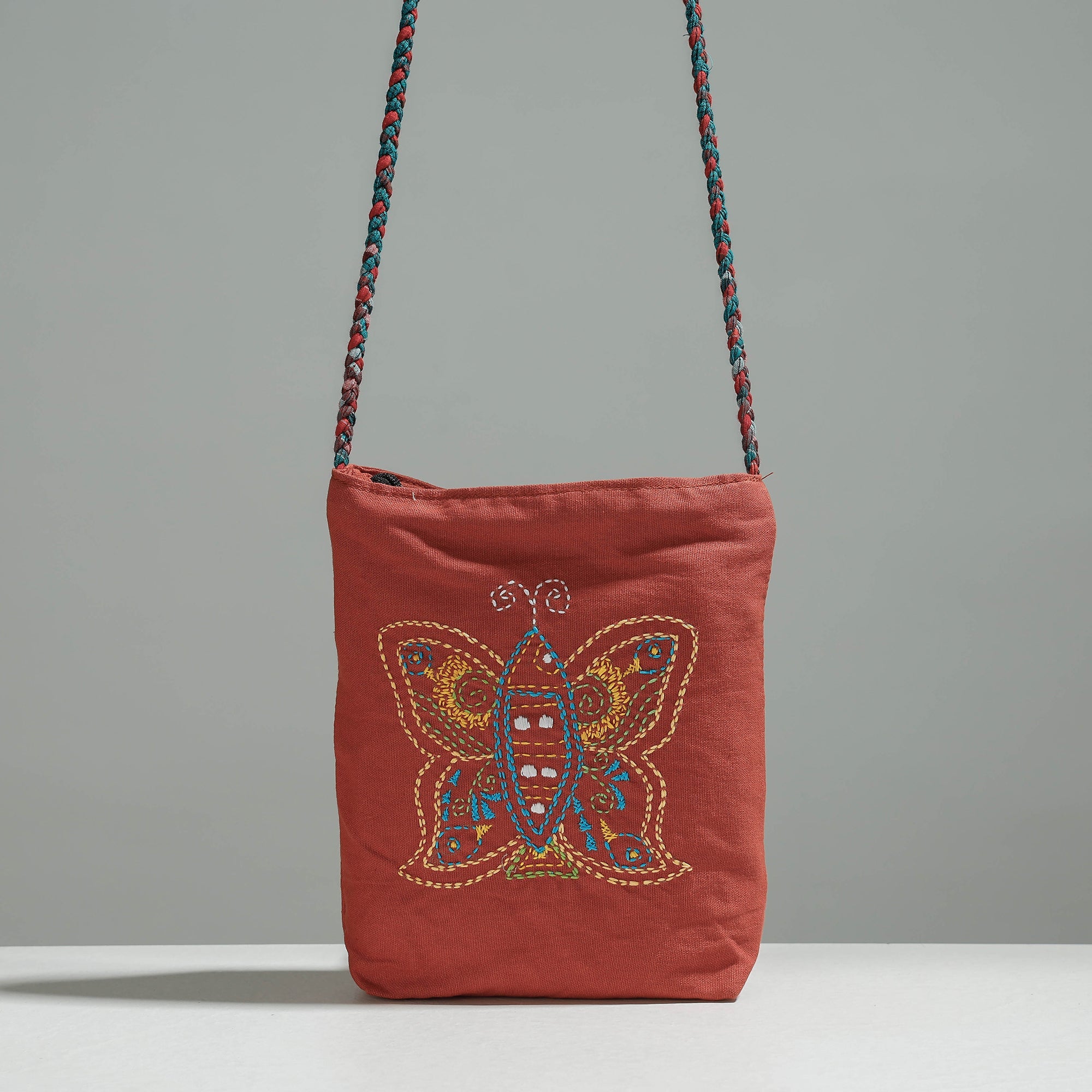 RANGILA DHAGA Brown - Cotton Fabric Hand Embroidered Sling Bag
