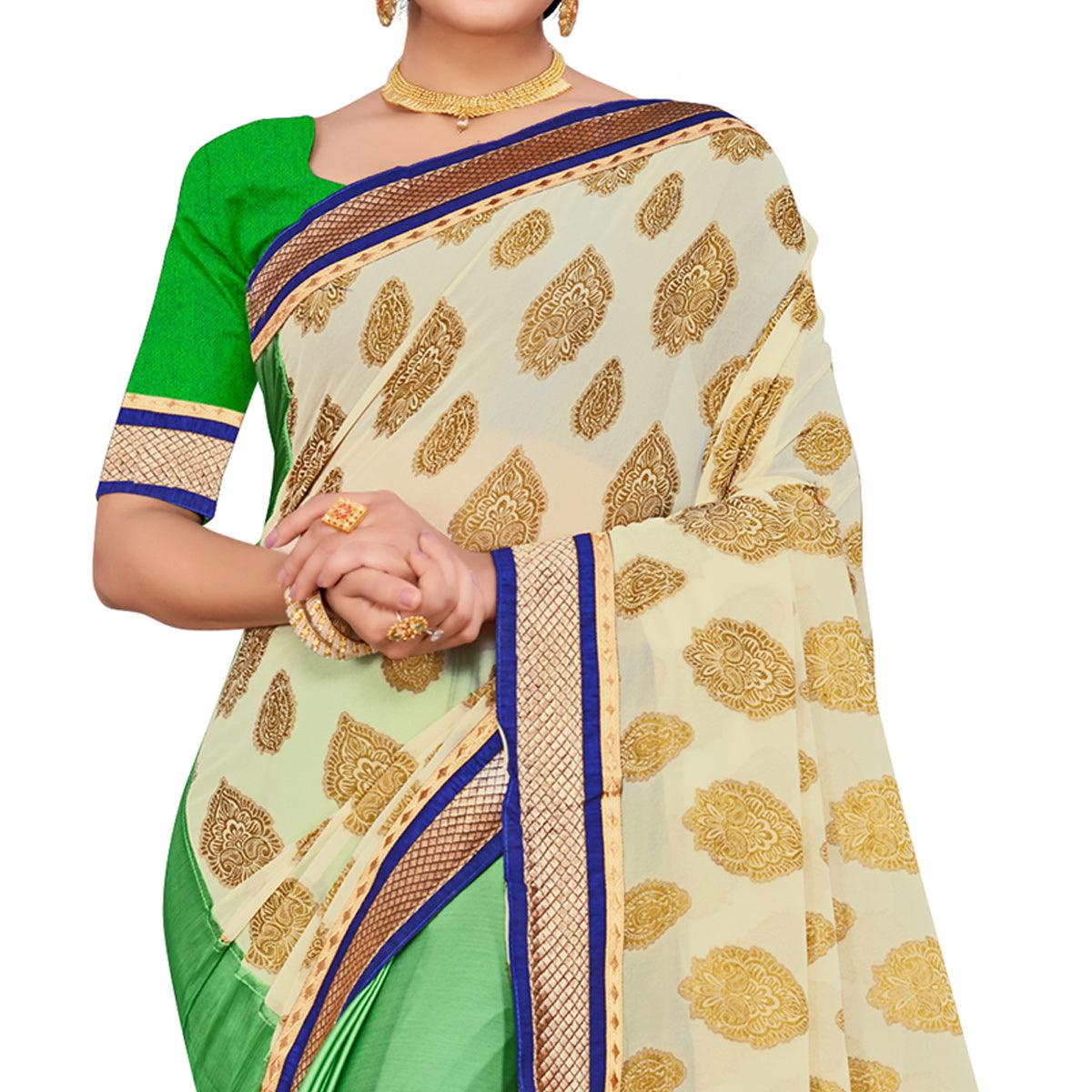 Peachmode Classy Green-Cream Colored party Wear Georgette Half-Half Saree - view 2