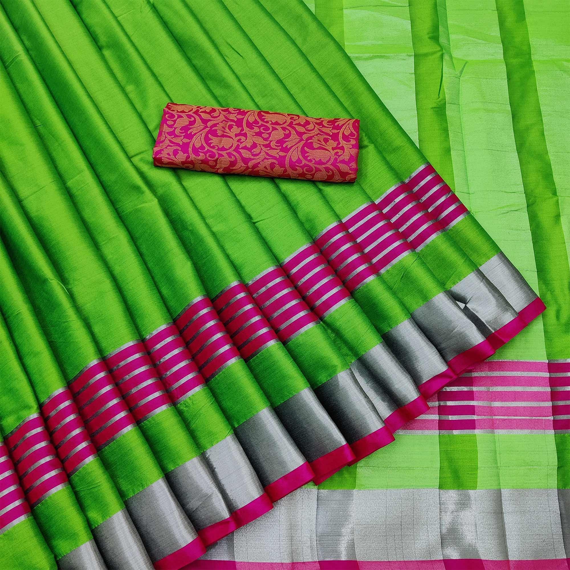 Peachmode Captivating Parrot Green Coloured Casual Wear Zari Border Cotton Saree