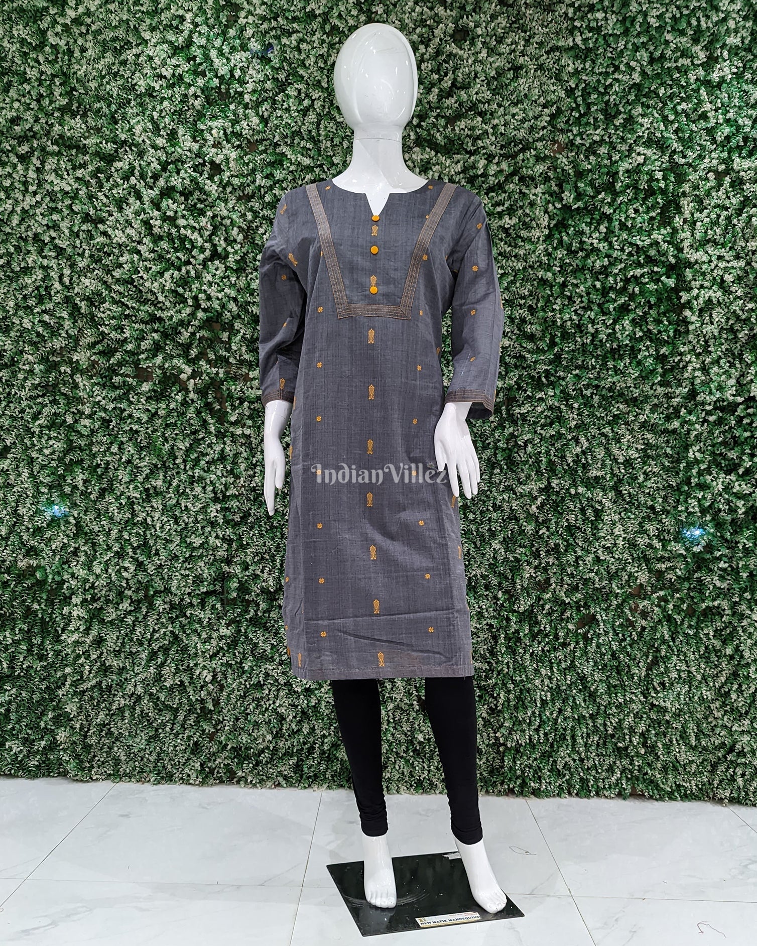 IndianVillèz Grey Fish Motif Bomkai Odisha Ikat Designer Cotton Kurti for Women
