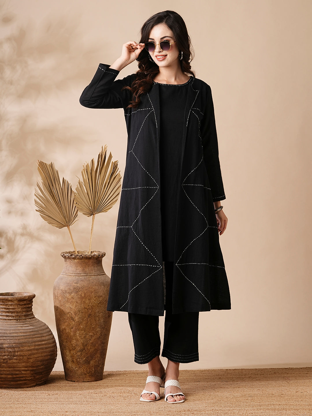 Fashor Solid A-Line Kurta & Palazzo with Kantha Embroidered Open Jacket - Black