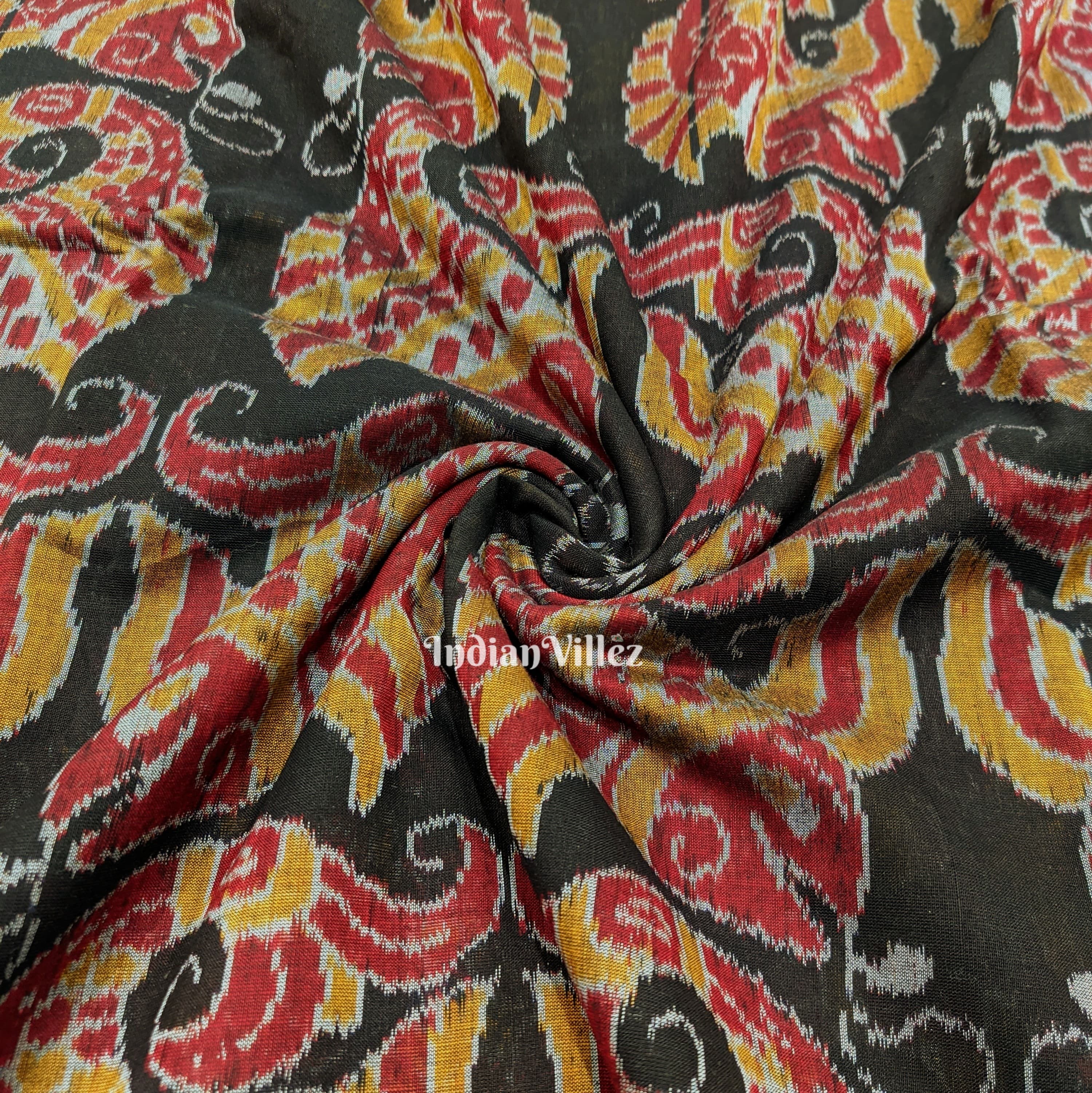 IndianVillèz Black Big Fish Motif Sambalpuri Ikat Cotton Fabric