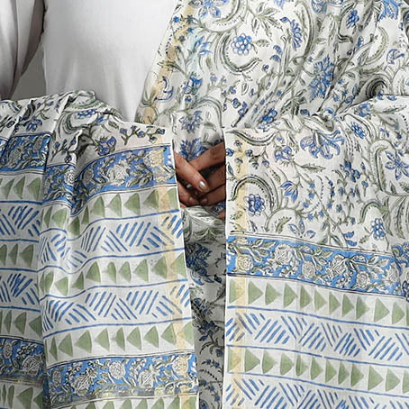 ARTISAN HAND BLOCK PRINTS Blue - Block Print Handloom Chanderi Silk Sanganeri Dupatta 12 - view 4