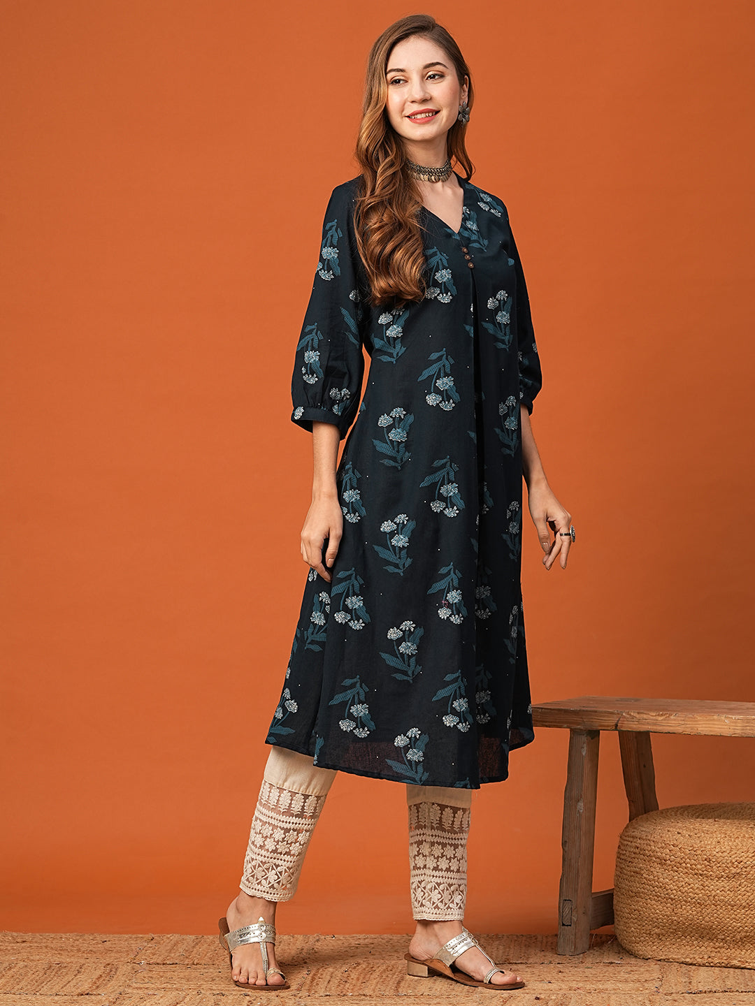 Fashor Floral Printed Wooden Buttoned Pleated Kurta - Blue - view 5