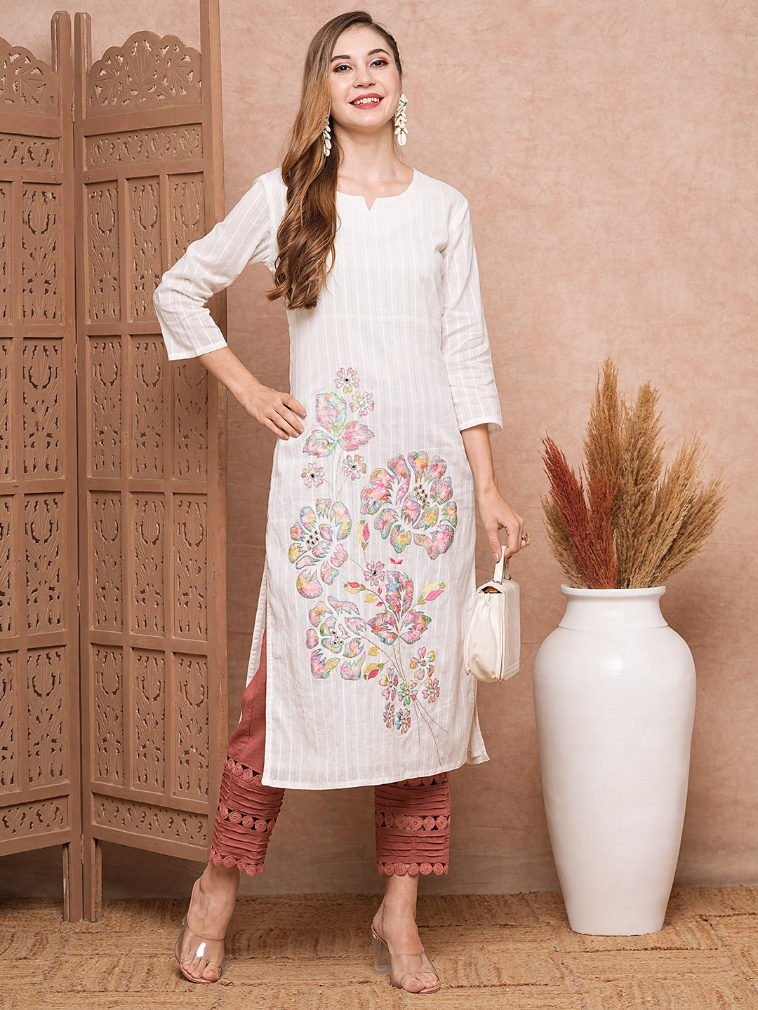 Fashor Floral Applique Embroidered Woven Striped Straight Fit Kurta - White