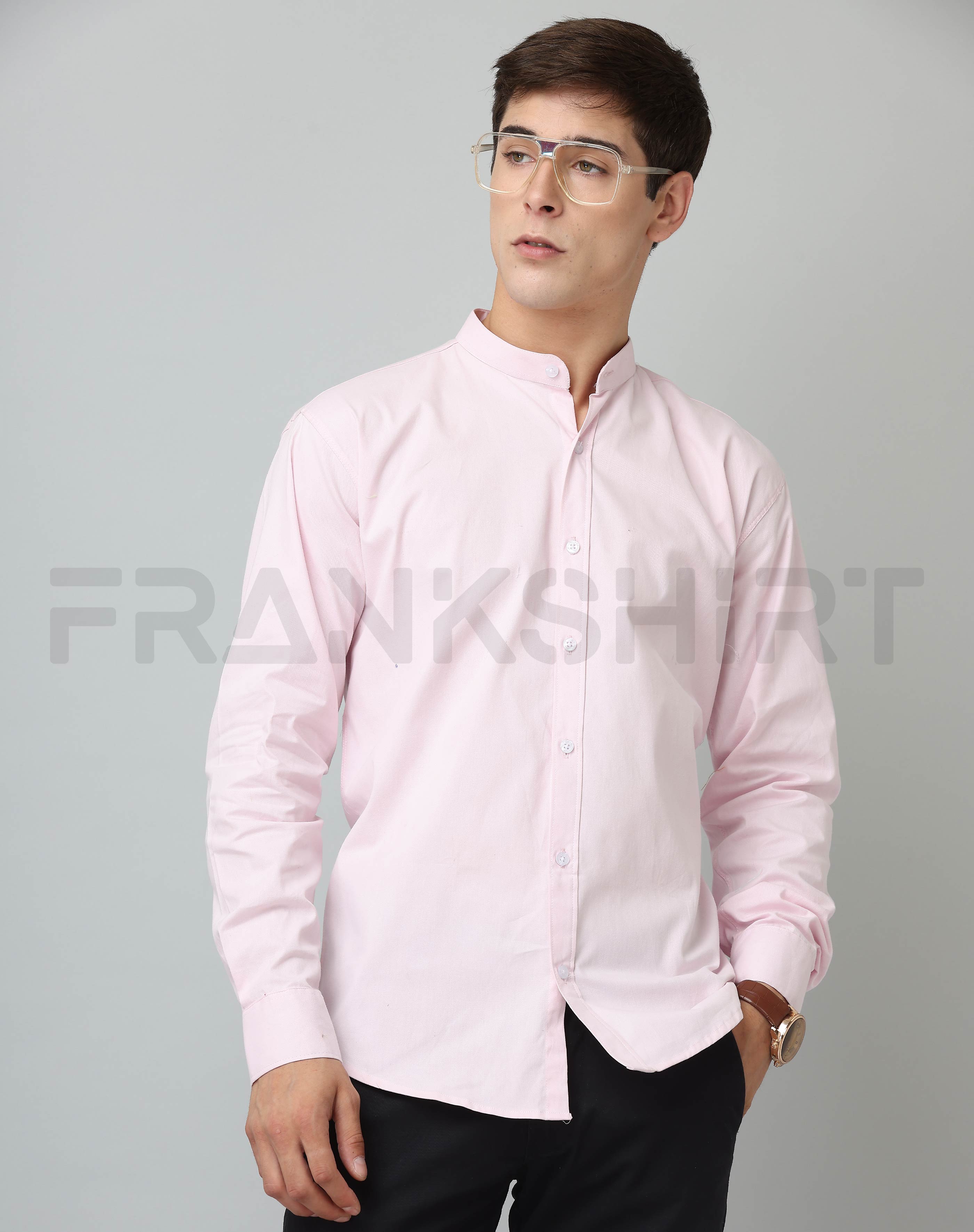 BlackTree Frankshirt Chinese Collar Light Pink Tailored Fit Cotton Casual Shirt for Man