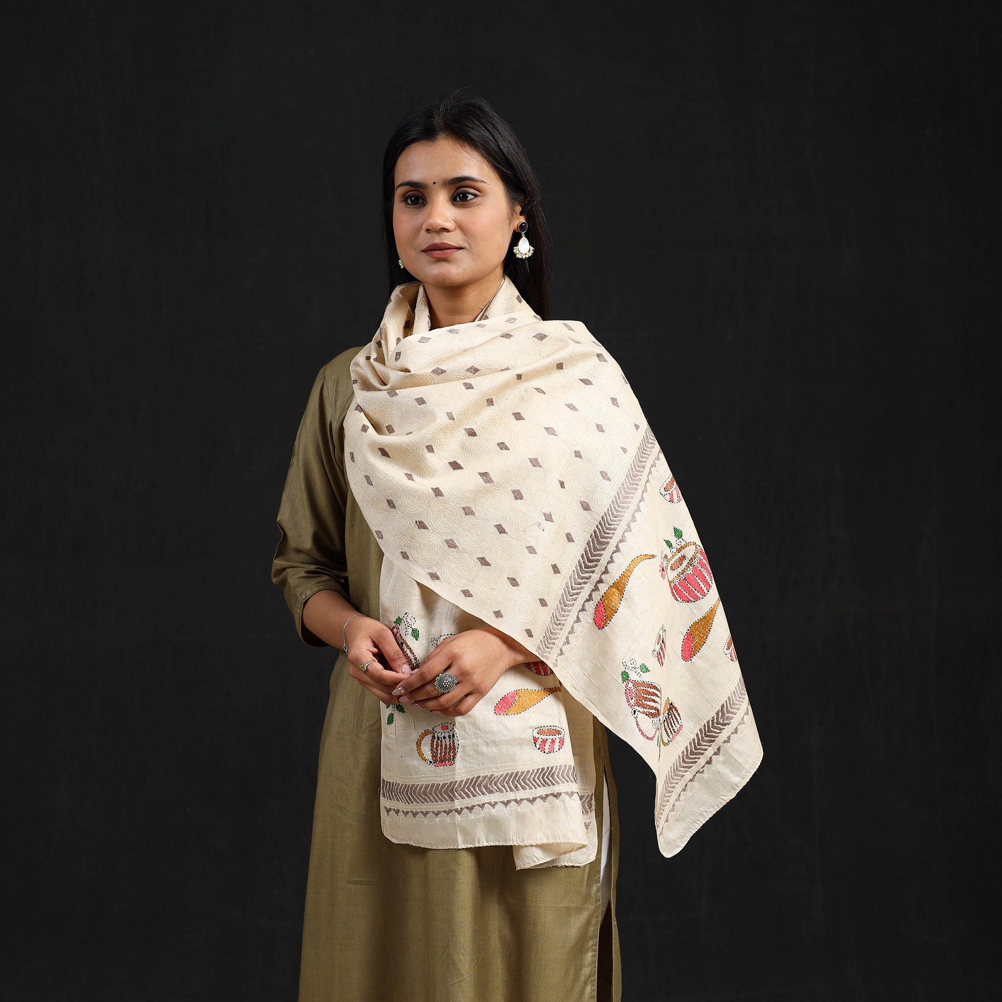 KHUSHBASH - HAPPY LOOM OF EAST Beige - Handloom Tussar Silk Bengal Kantha Work Stole 33