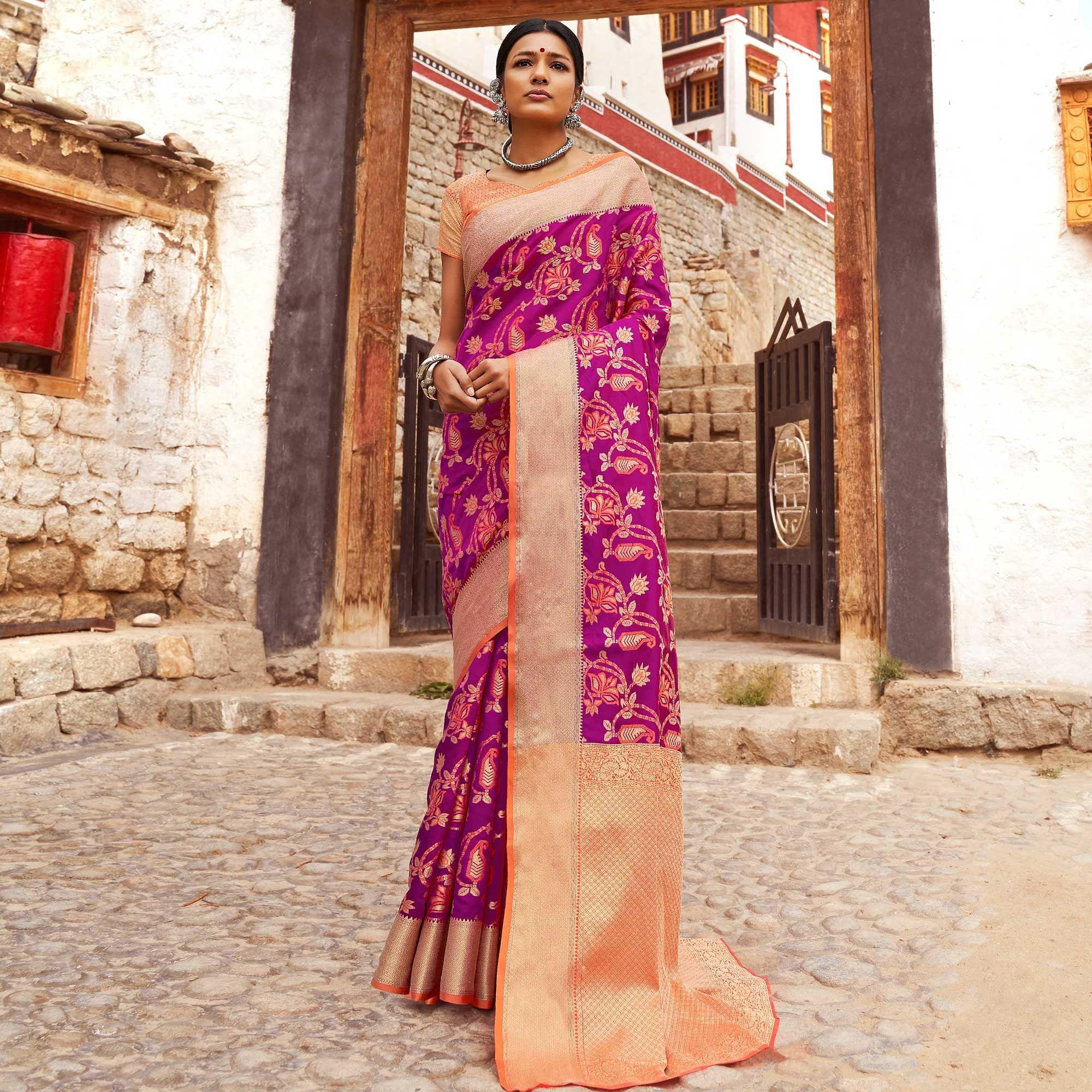 Peachmode Fantastic Deep Magenta Pink Colored Festive Wear Woven Silk Saree