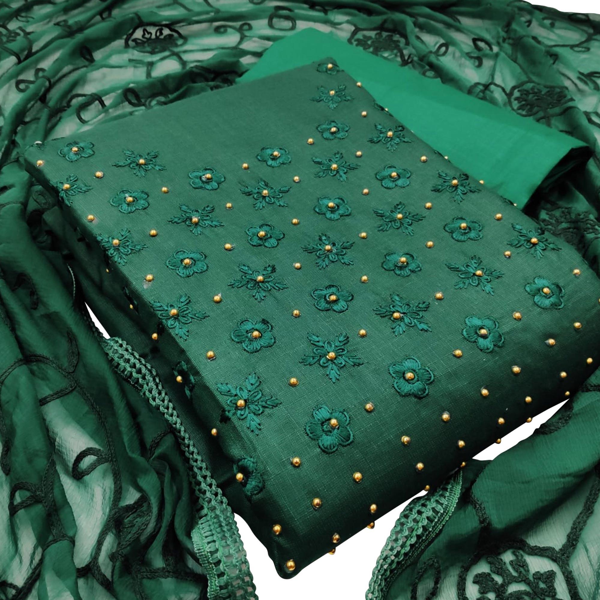 Peachmode Elegant Dark Green Colored Casual Wear Embroidered Cotton Dress Material