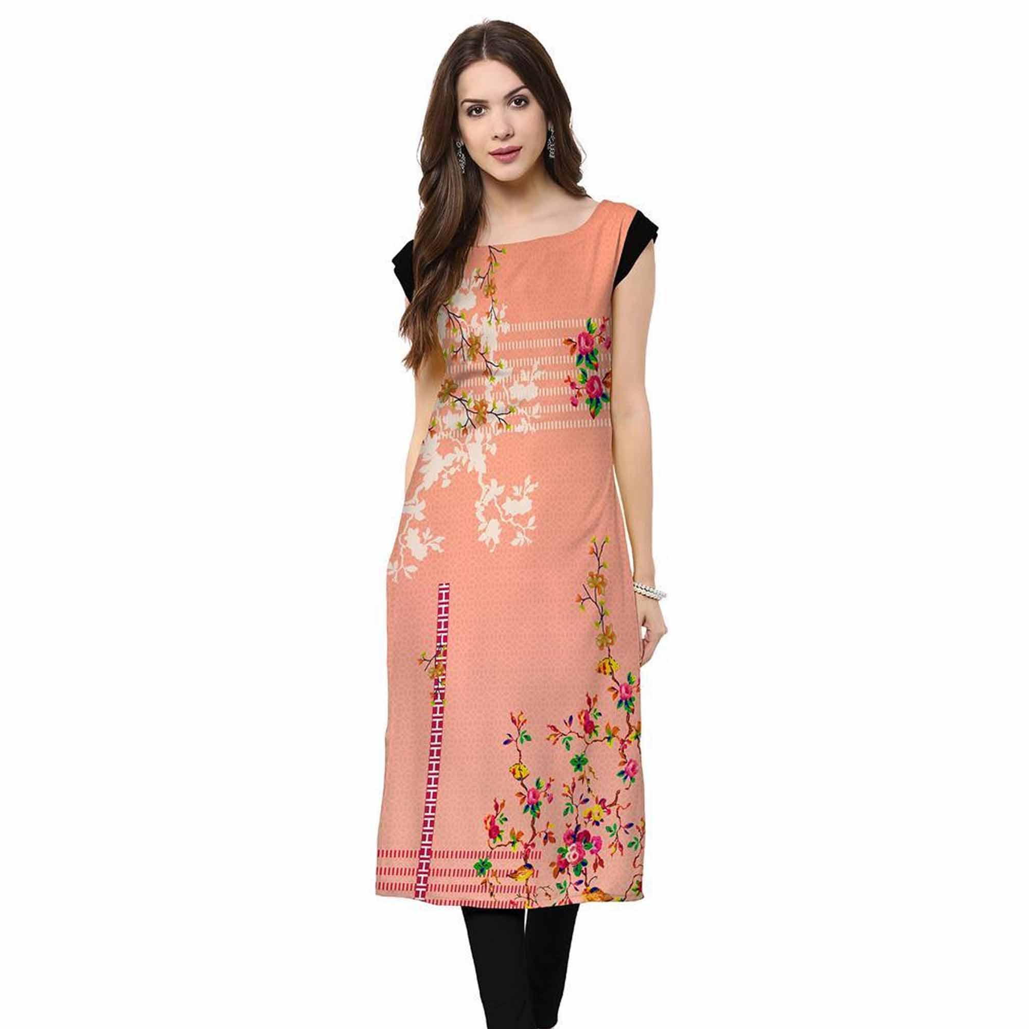 Peachmode Seller Eye-catching Peach Colored Casual Printed Crepe Kurti