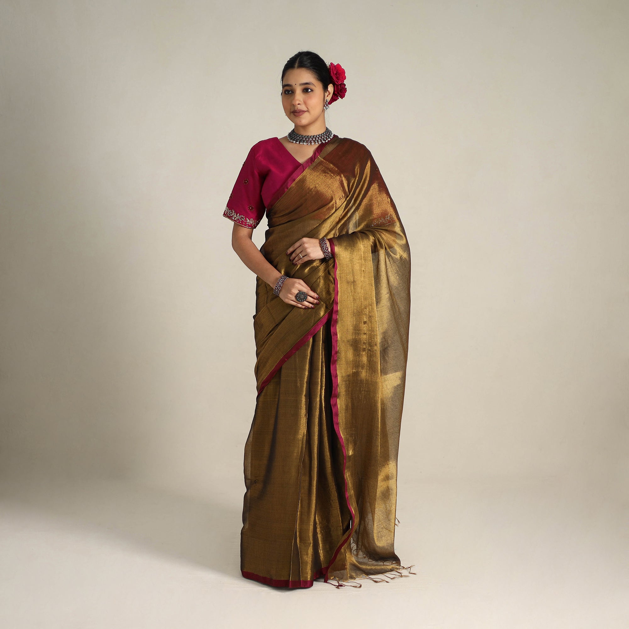 KHUSHBASH - HAPPY LOOM OF EAST Brown - Fine Tissue Zari Bengal Saree with Embroidered Blouse 02