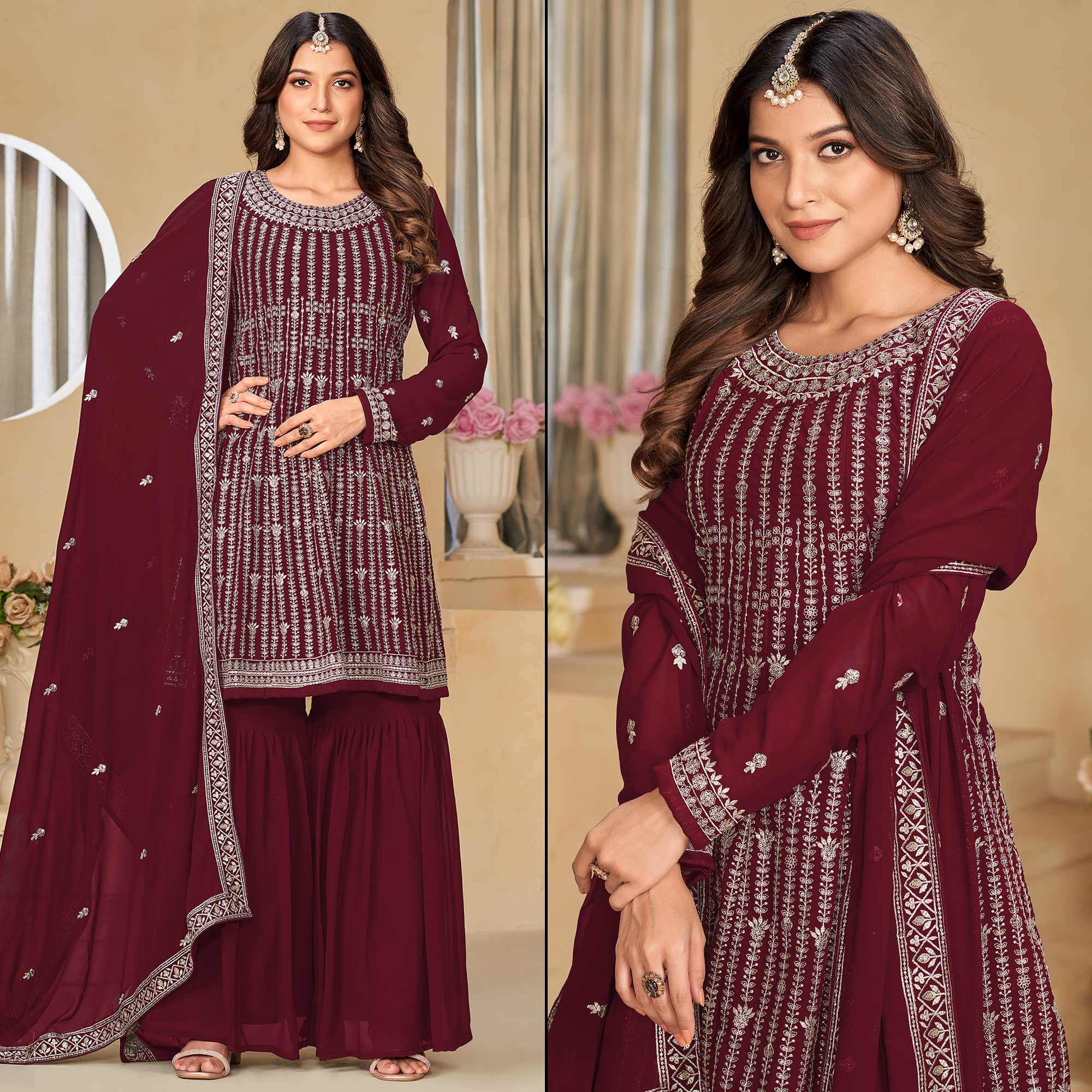 Peachmode Maroon Floral Sequins Embroidered Georgette Semi Stitched Sharara Suit