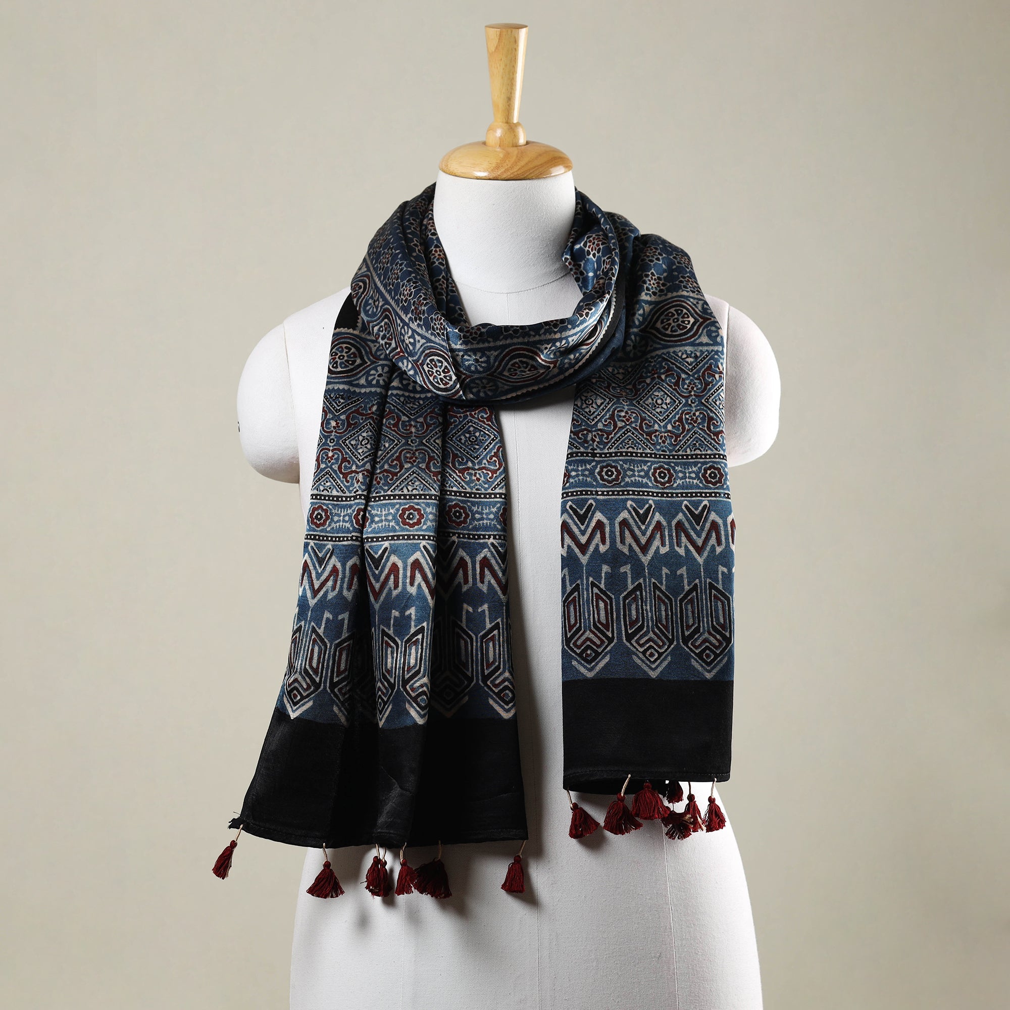 RIYAZ ABDULMAJID KHATRI - AJRAKH Blue - Ajrakh Hand Block Printed Mashru Silk Stole with Tassels