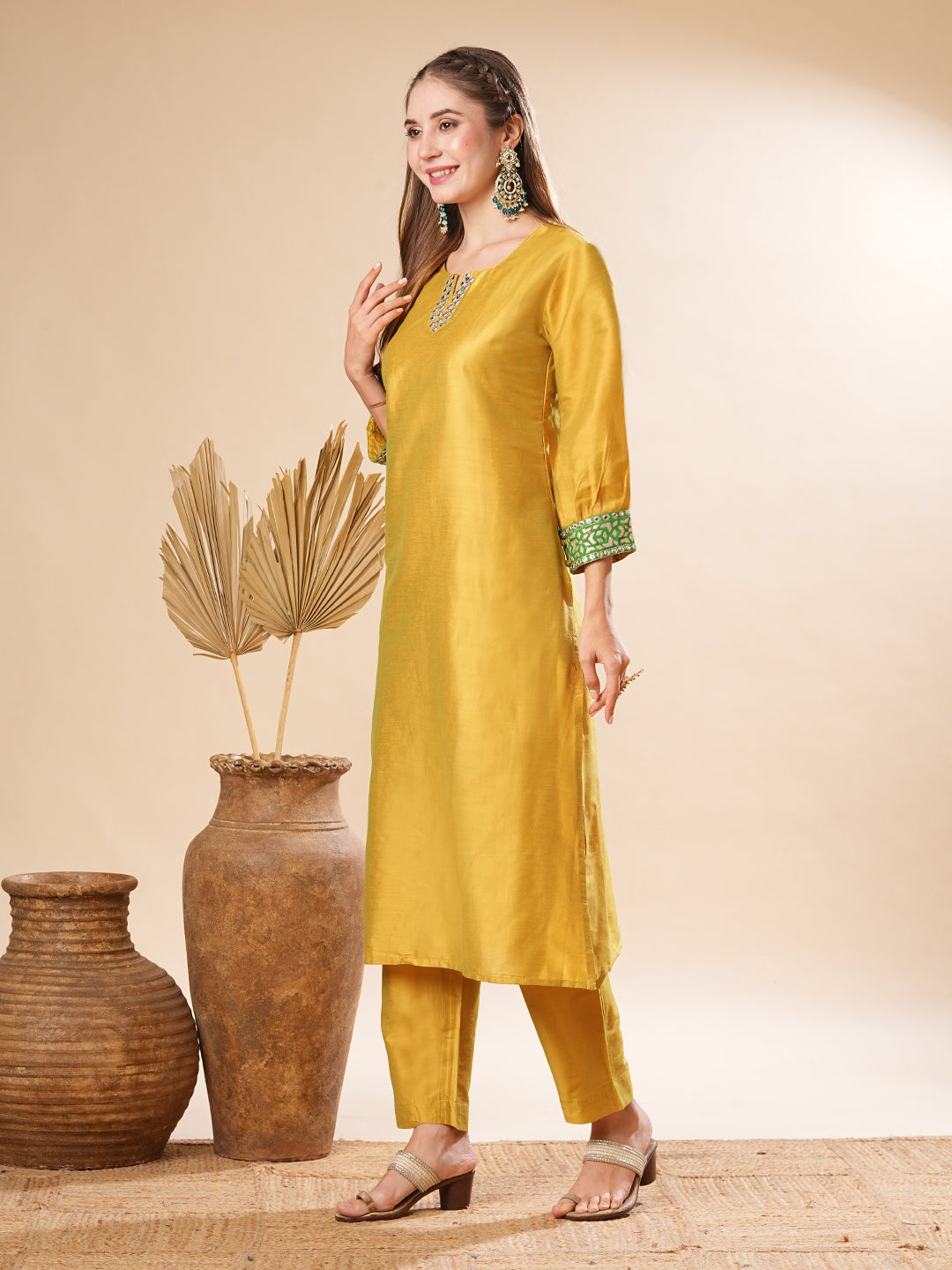 Fashor Solid Two-Toned Mirror, Zari & Applique Embroidered Kurta with Pants Set - Yellow - view 4