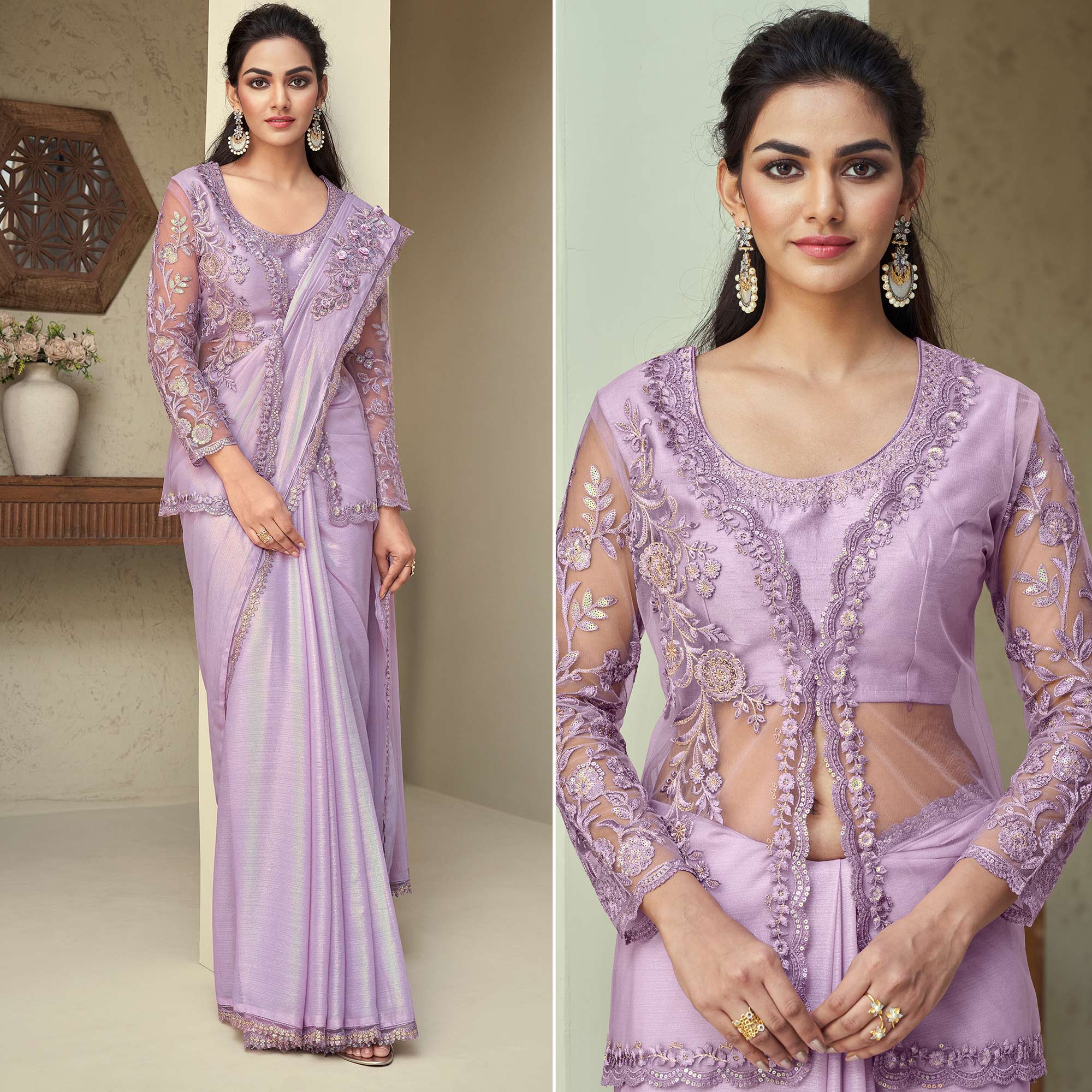 Peachmode Lavender Sequins Embroidered Georgette Saree