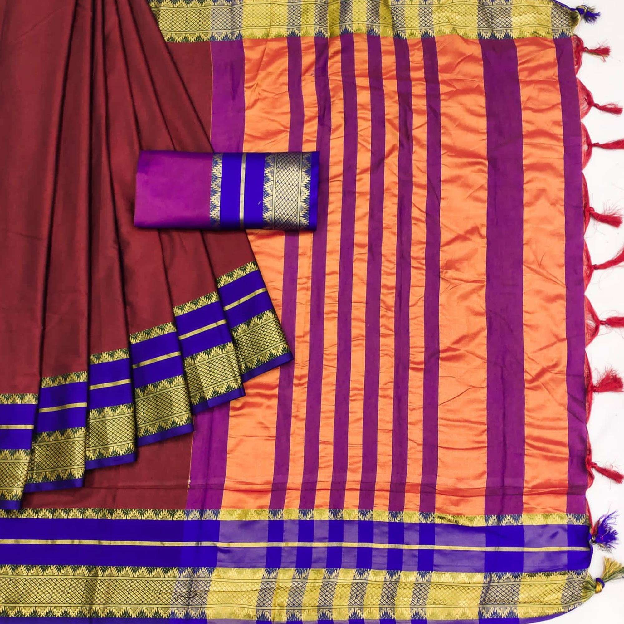 Peachmode Maroon Woven Cotton Silk Saree With Tassels - view 3