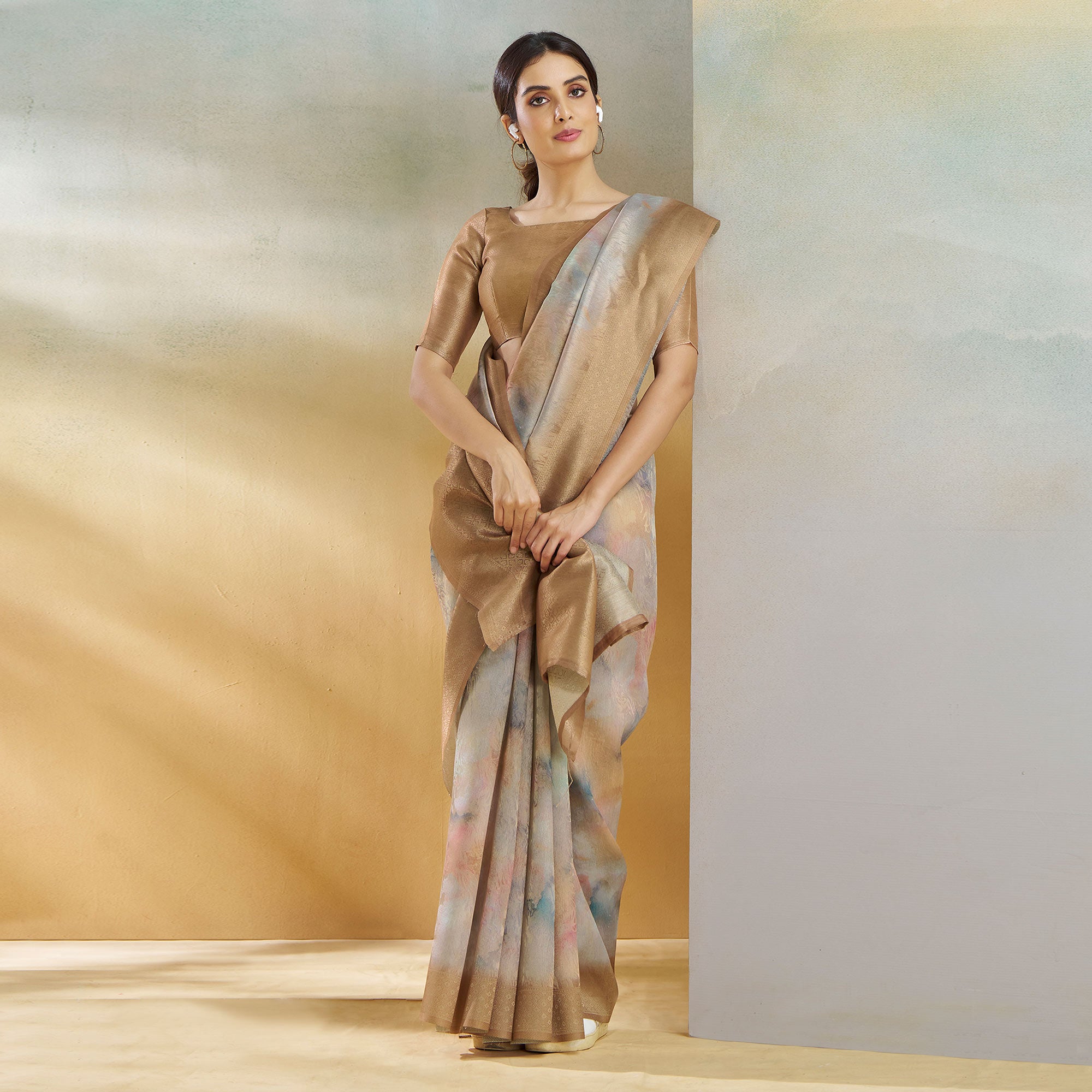 Peachmode Chikoo Woven With Digital Printed Linen Saree - view 4