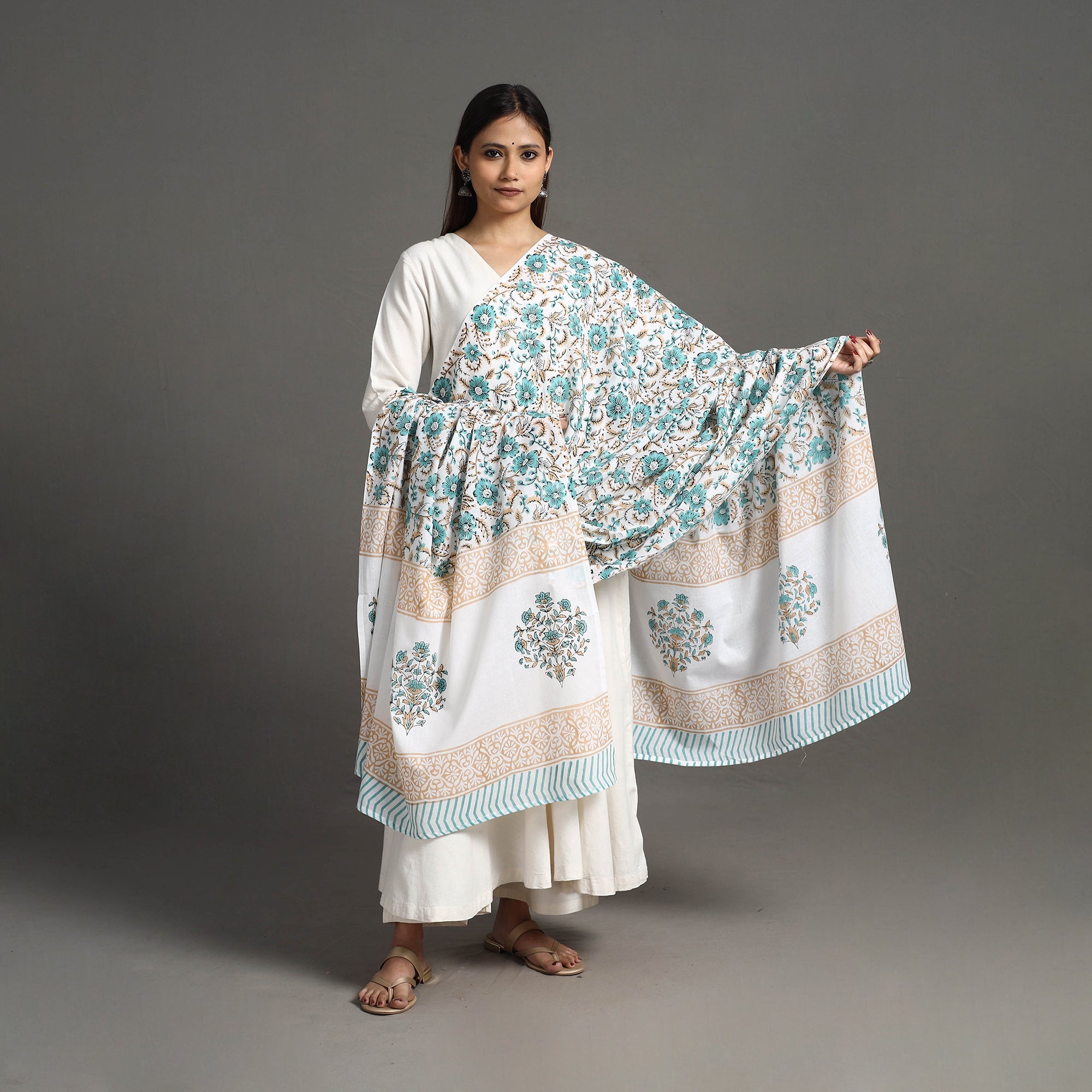 HAVELI CHRONICLES Blue - Block Print Cotton Sanganeri Floral Dupatta 05