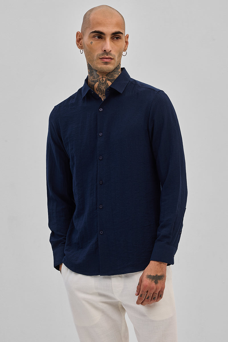 SNITCH Navy Slim Fit Linen Shirt - view 6
