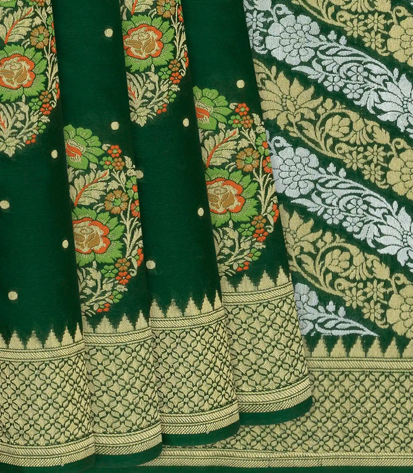 RmKV Bottle Green Handloom Banarasi Khaddi Georgette Saree With Meena Floral Motifs-Bottle Green