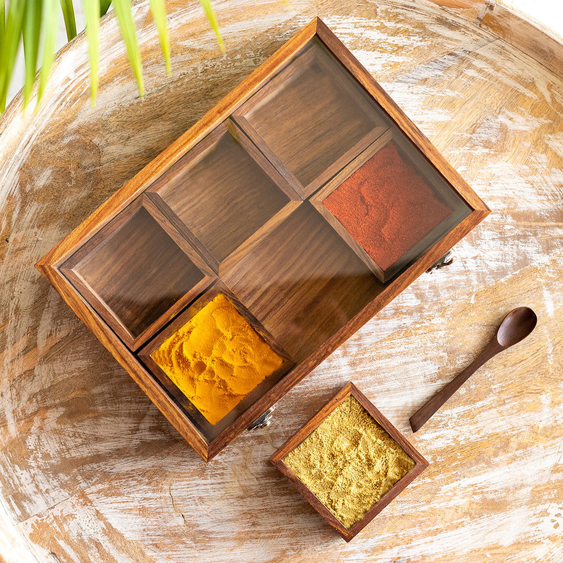 EXCLUSIVELANE 'Masala Blends' Handcrafted Spice Box With Spoon In Sheesham Wood (6 Large Containers, 120 ml)