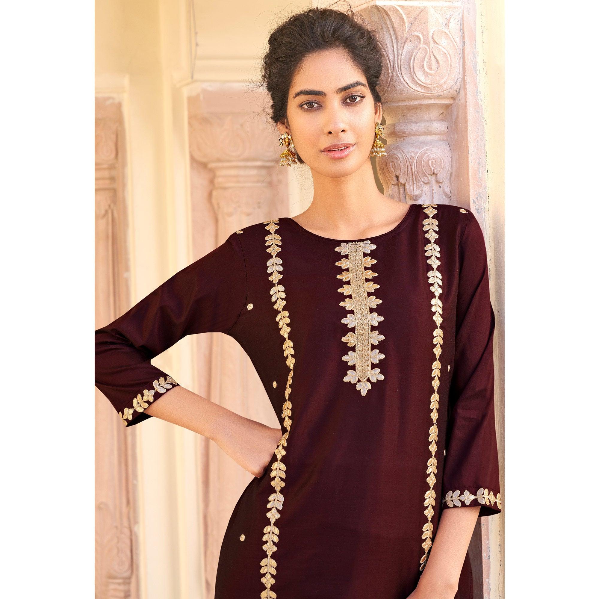 Peachmode Seller Brown Casual Wear Embroidered Pure Viscose Santoon Pallazo Suit - view 5