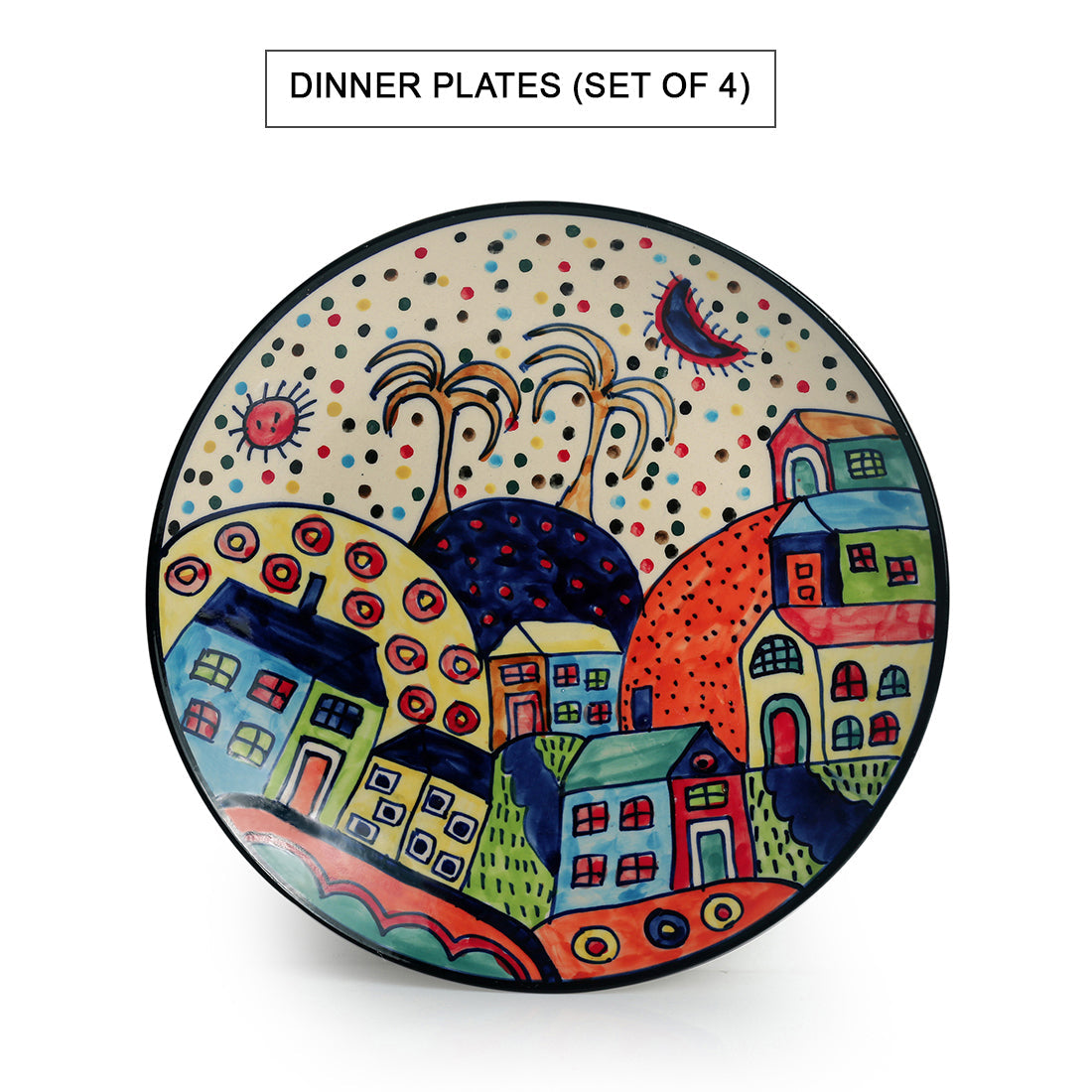 EXCLUSIVELANE 'Hut Dining' Handpainted Ceramic Dinner Plates With Katoris (8 Pieces, Serving for 4) - view 3