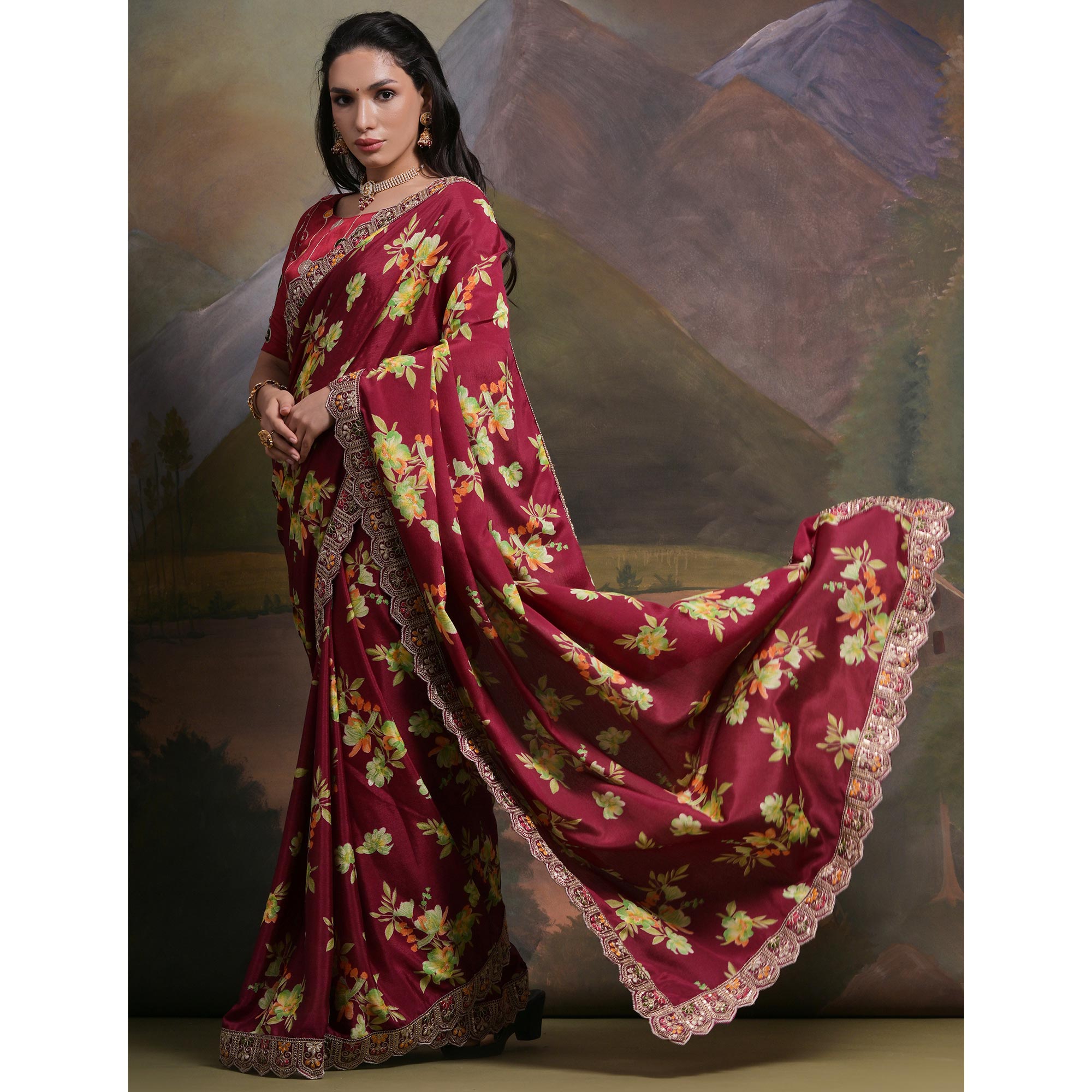 Peachmode Maroon Floral Printed Chinon Saree With Embroidered Border - view 4