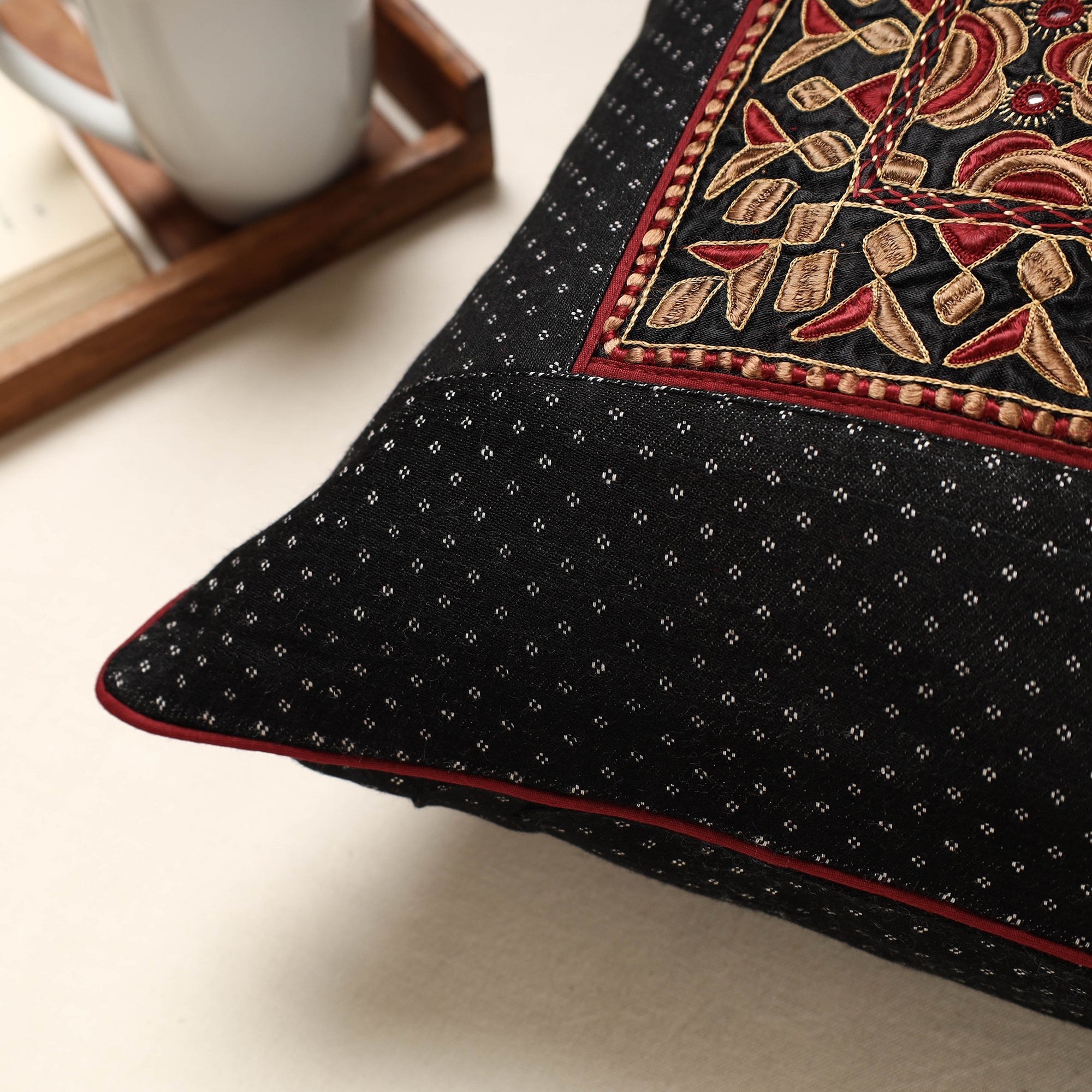 QASAB Black - Kutch Pakko Bherni Hand Embroidery Mashru Silk Cushion Cover (16 x 16 in) - view 2
