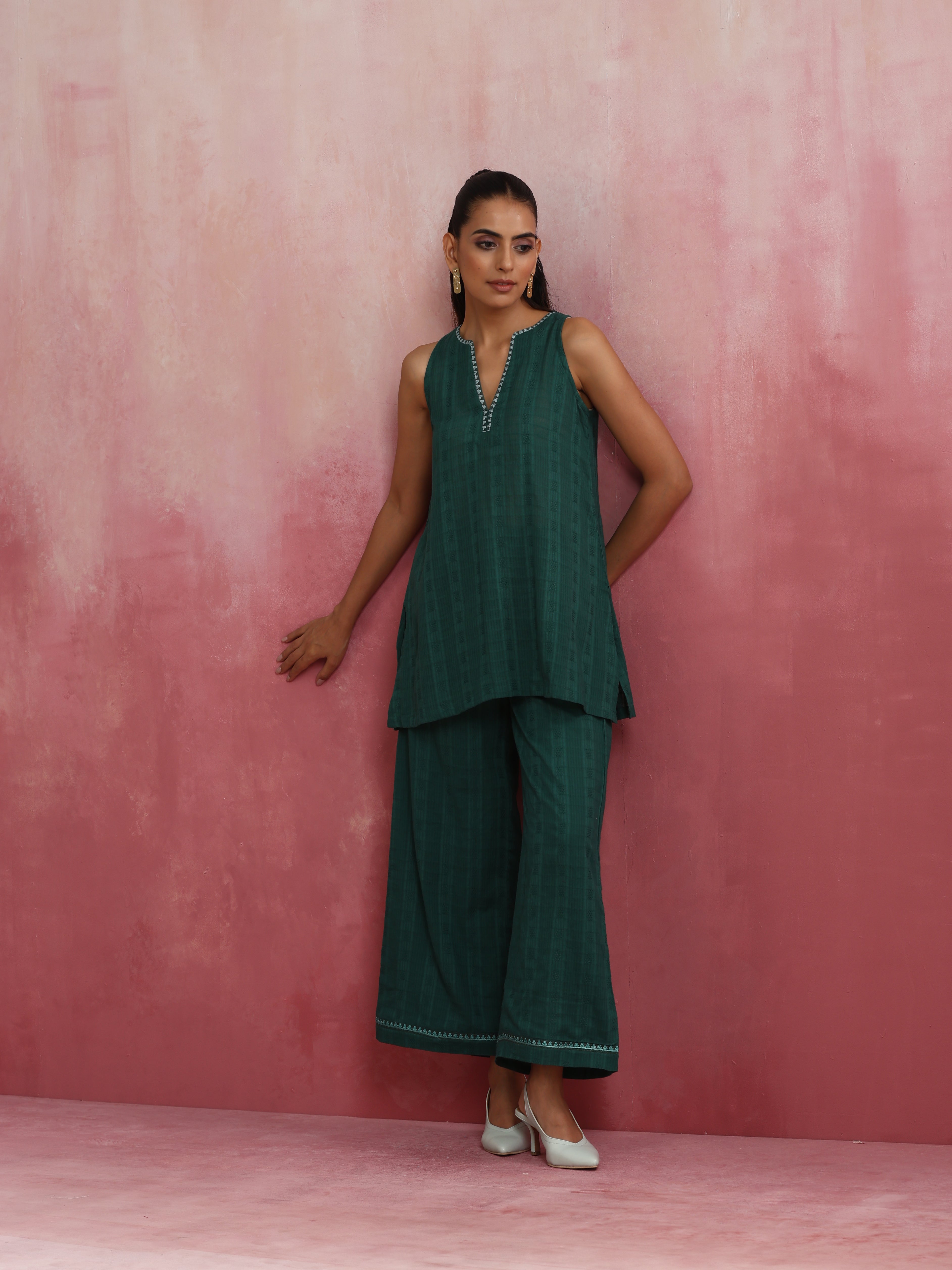 trueBrowns Dark Green Cotton Dobby Co-ord set - view 2