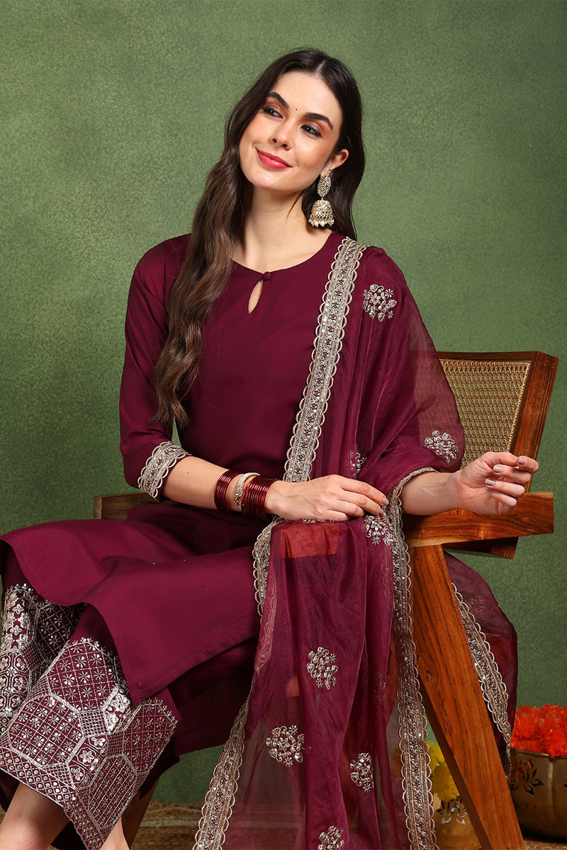 Ahika Burgundy Silk Blend Solid Straight Suit Set With Palazzo Style Bottom PKSKD2745