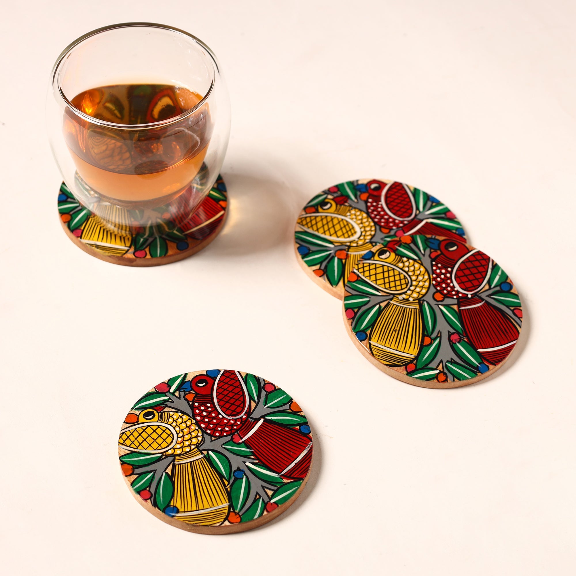 ITOKRI CRAFTS INITIATIVE Bengal Patua Handpainted Akashmoni Wooden Coasters (Set of 4) 18