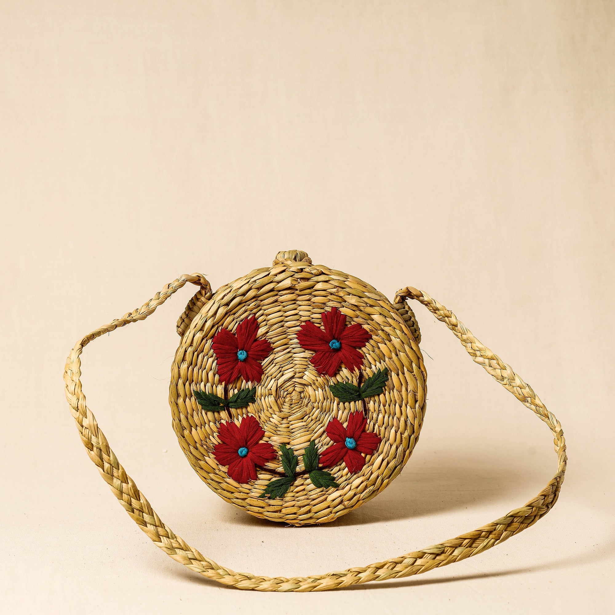 ITOKRI CRAFTS INITIATIVE Beige - Handcrafted Natural Water Reed Embroidered Sling Bag