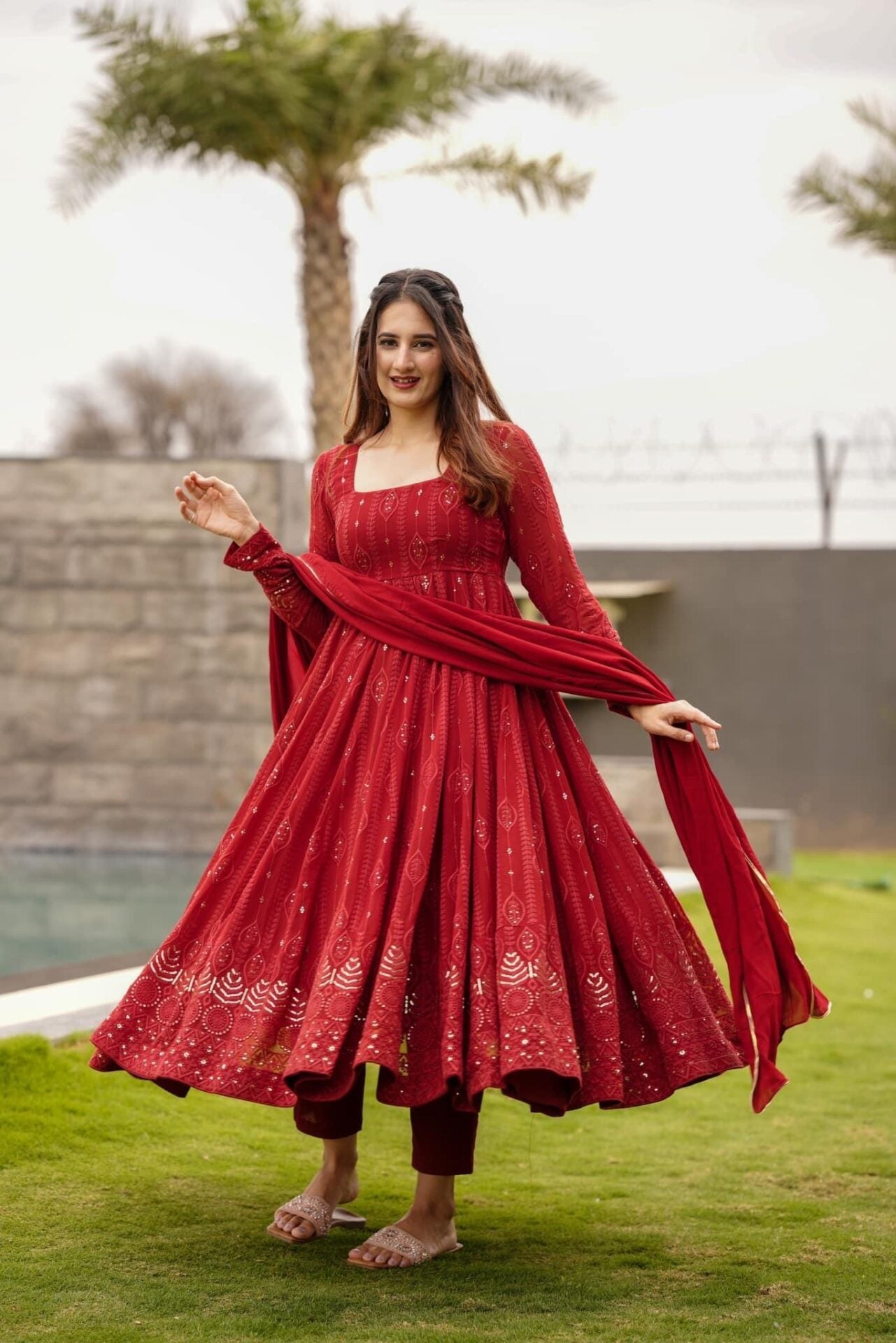 Idaho-o maroon embroidered georgette suit set - view 2