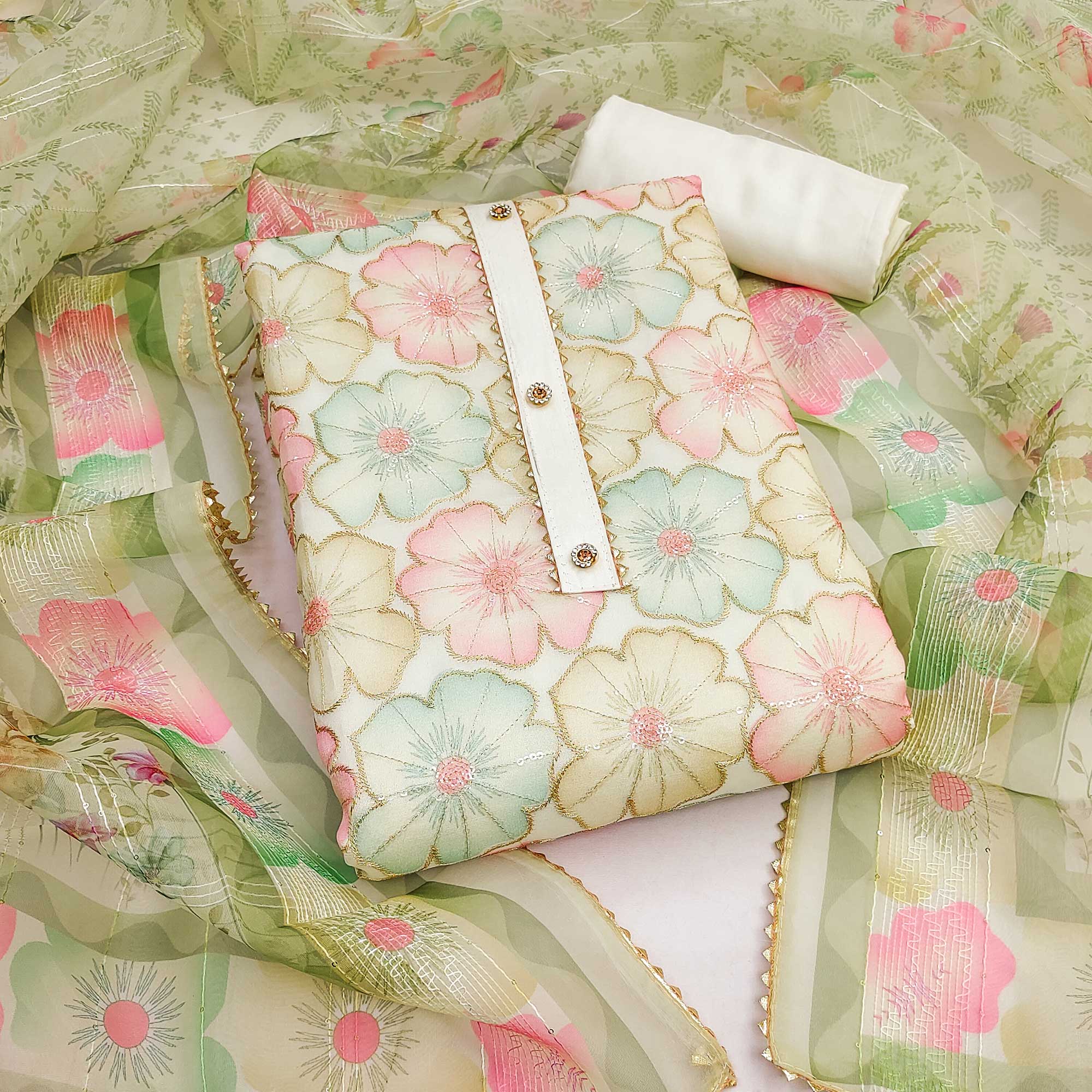Peachmode Cream Floral Printed Organza Dress Material