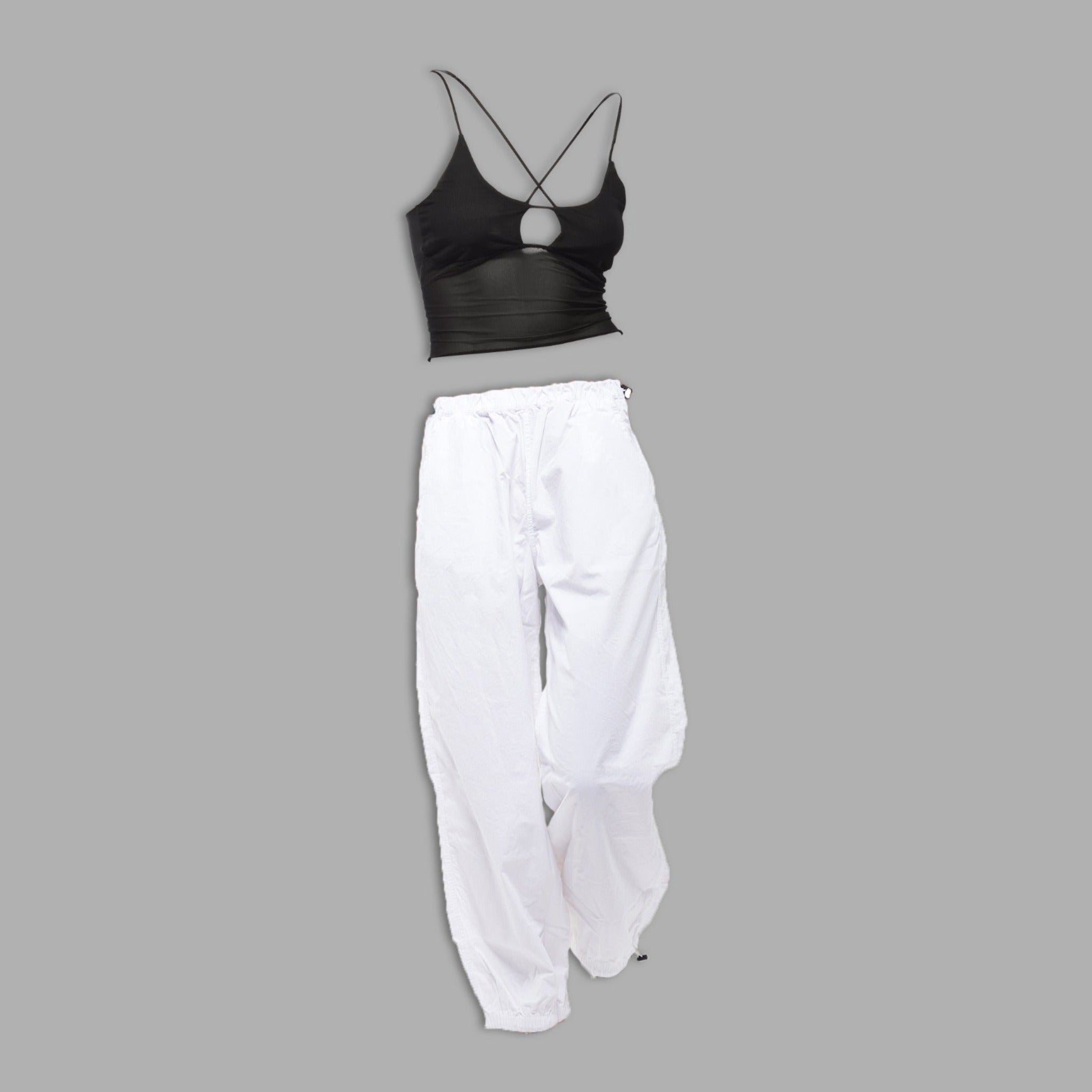 I Z F Black Mesh Top & White Parachute Pants