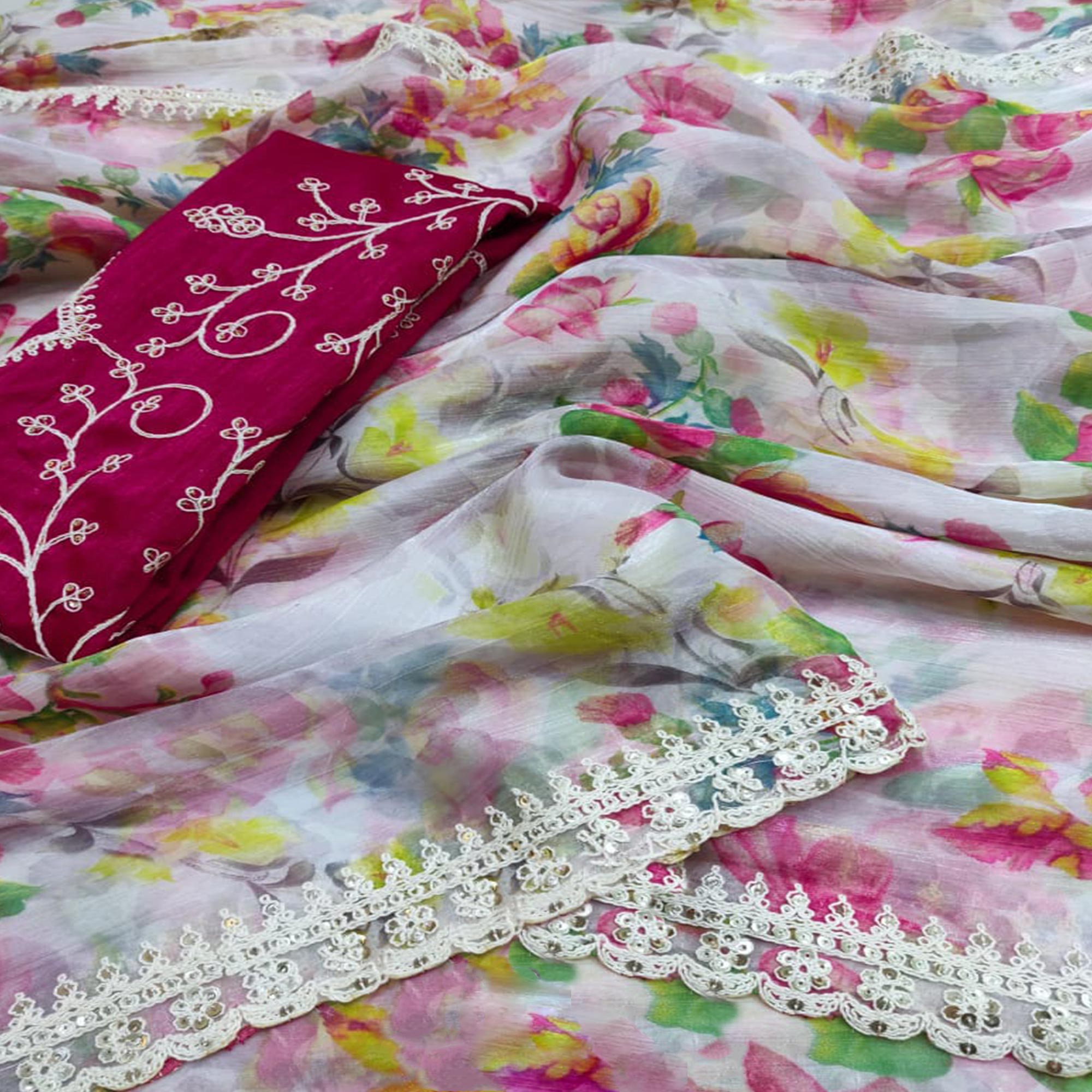 Peachmode Multicolor Floral Printed Jimmy Choo Tissue Saree With Sequins Embroidered Border