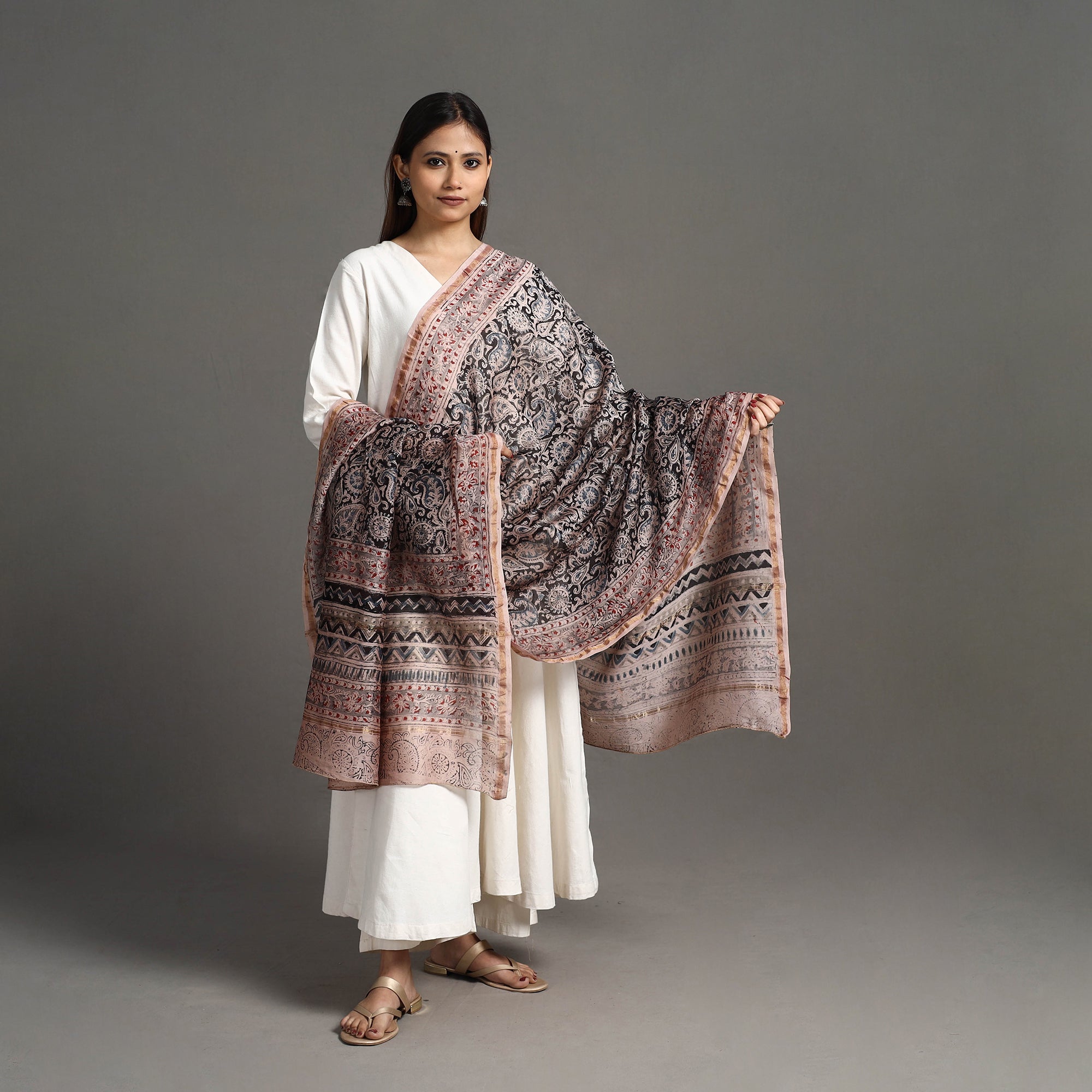 SOUTH KARGHA Black - Pedana Block Print Chanderi Silk Kalamkari Dupatta 02