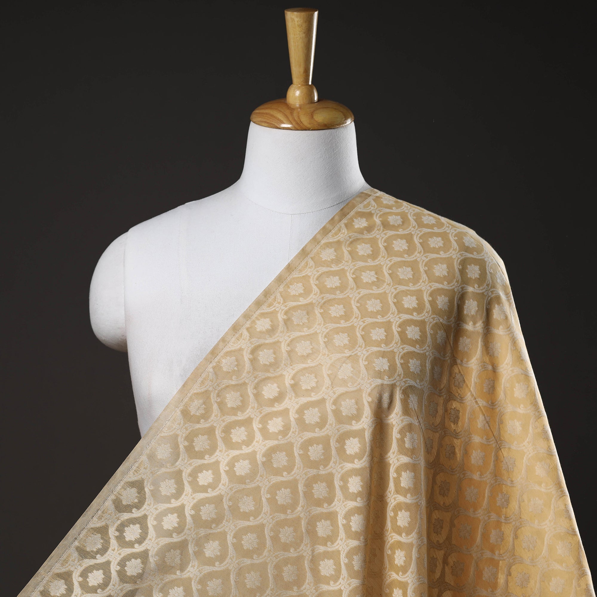 ITOKRI CRAFTS INITIATIVE Beige - Pure Banarasi Handwoven Cutwork Buti Cotton Fabric